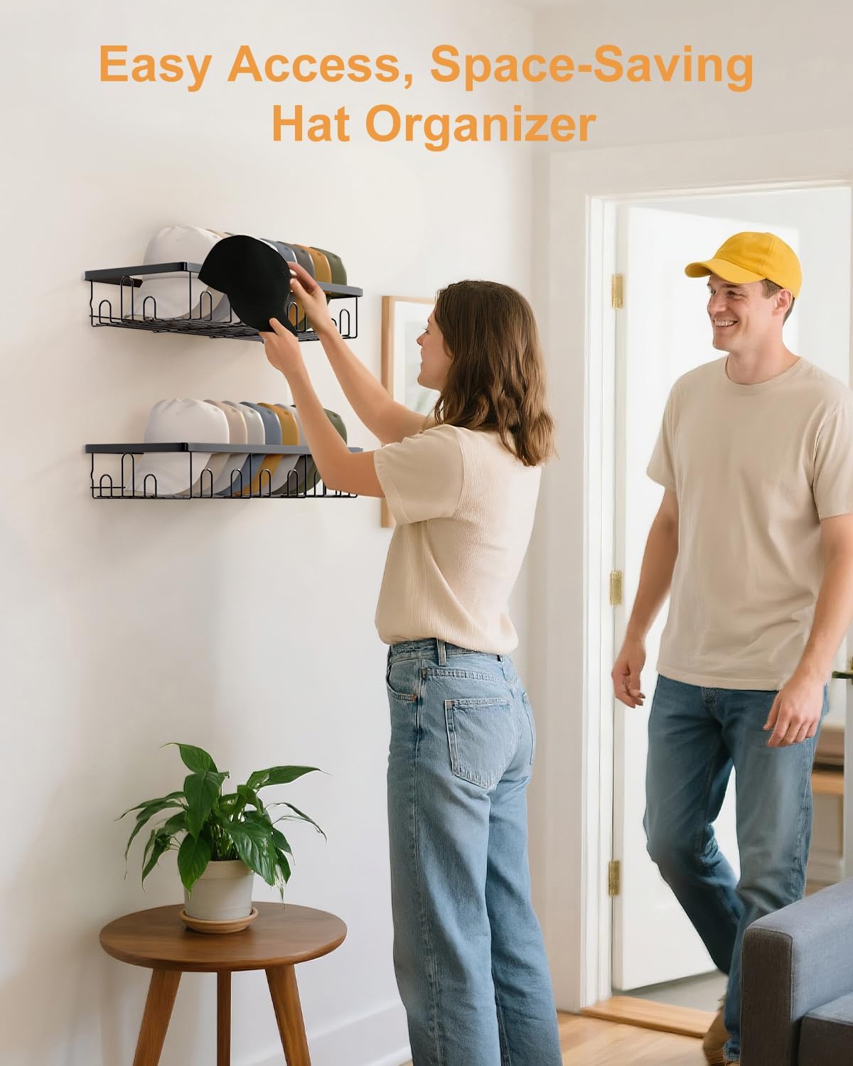Hat Rack for Wall, 2 Pack Large Hat Organizer with More Hooks, Holds 56 Caps, Metal Wall Mounted Hat Holder for Baseball Caps, Closet Bedroom Kitchen Bathroom, Black WN420