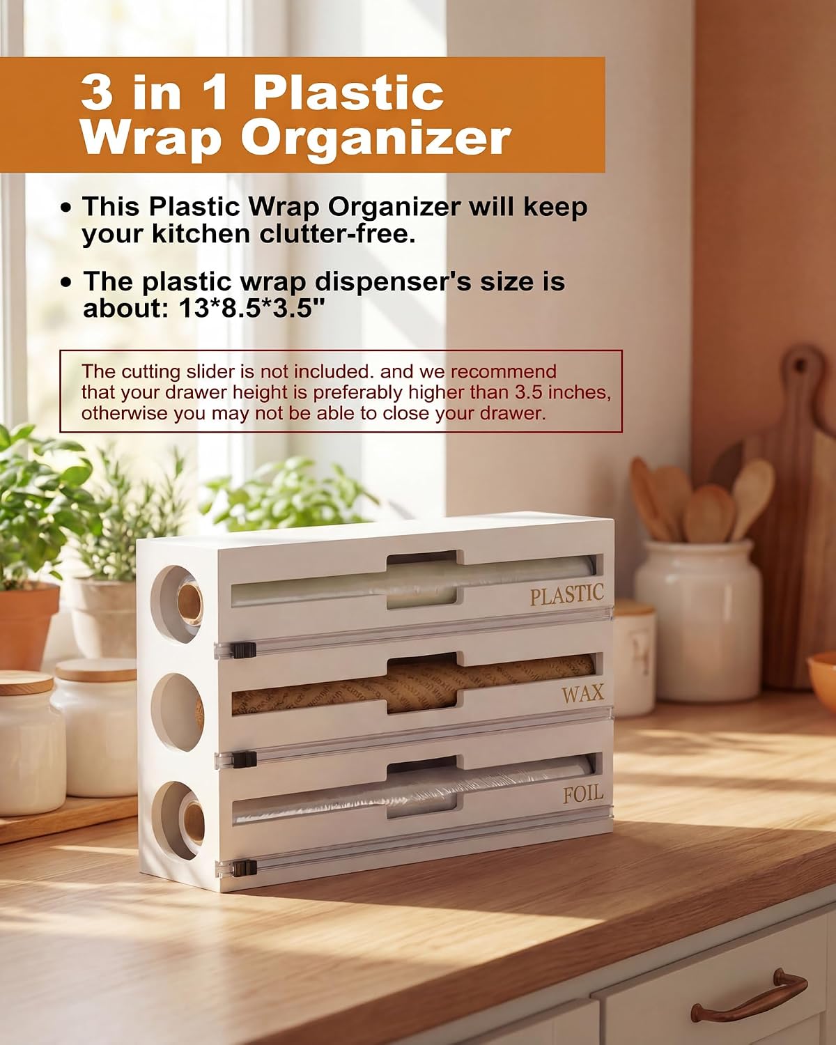 Bamboo Foil and Plastic Wrap Organizer for Kitchen Drawer, 9 in 1 Plastic Bag Organizer Organization and Storage, Food Storage Bag Organizer with Labels for Quart Gallon Snack (White) DD1210