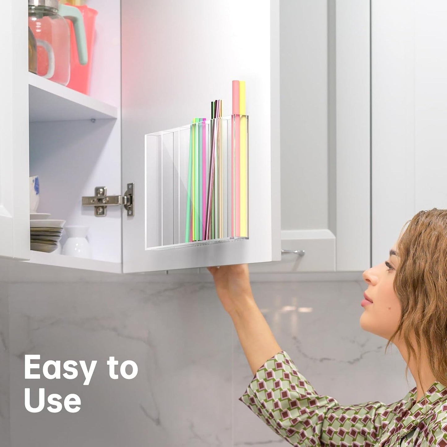 NiHome 10” Large Clear Acrylic Straw Holder for Cabinet Door – Fully Enclosed Straw Organizer for Cabinet Doors or Countertops, Ultra Sticky Mount, Space-Saving Kitchen Accessories Container BST326H
