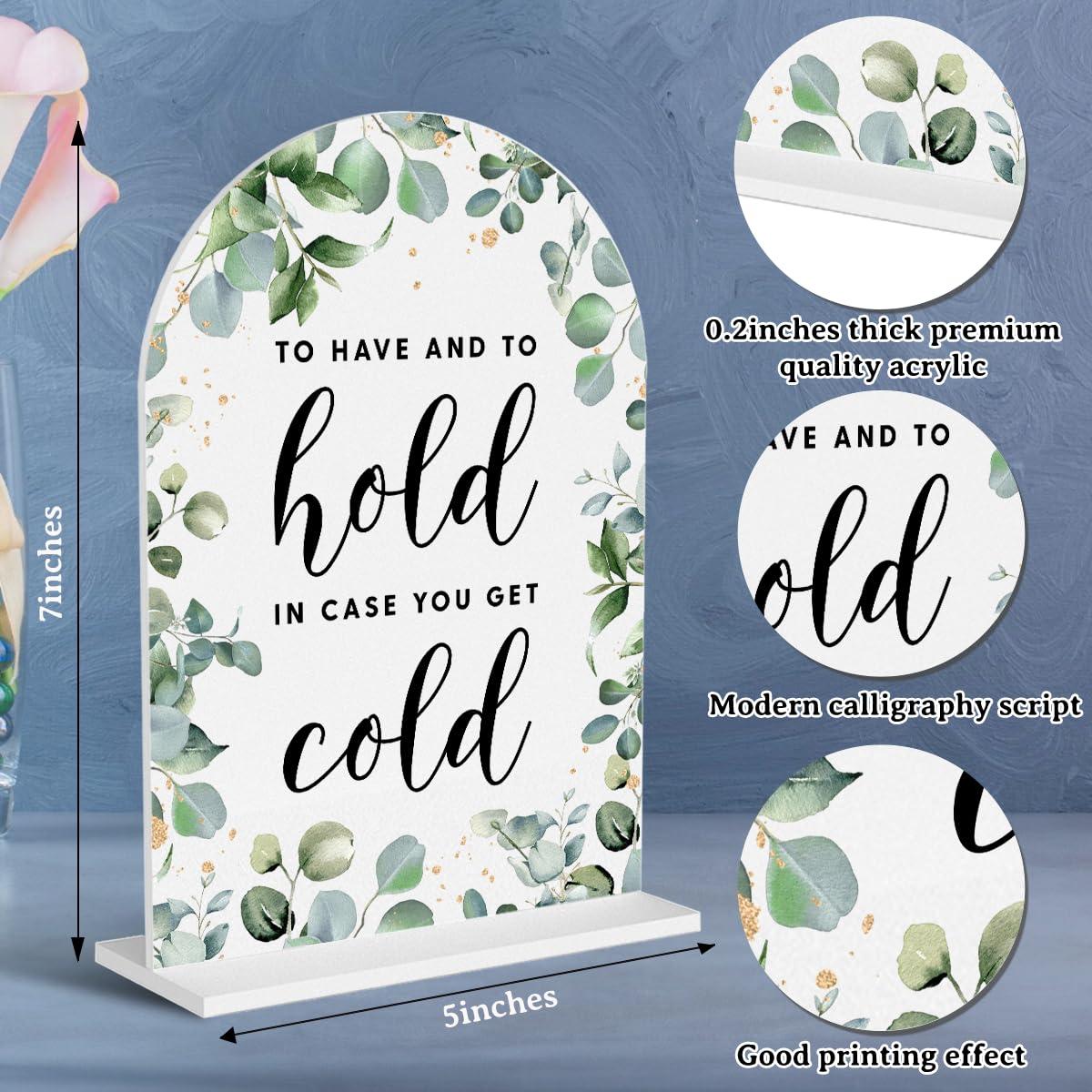 Acrylic Wedding Signs, Bubble Send Off Signs for Marriage Reception, Bridal Shower Decorations, Modern Arched Round Top Acrylic Table Top Sign with Holder for Wedding Party (White Eucalyptus Leaves) BST326L
