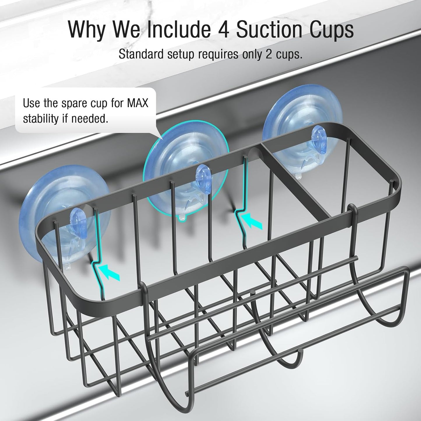 3-in-1 Kitchen Sink Caddy Organizer with Sponge Holder, Brush Holder, Extra Rack for Scrubber, Sink Stopper, Dish Cloth Hanger - Strong Dual Suction Cup, 2.0mm SUS304 Stainless Steel - Grey WN420
