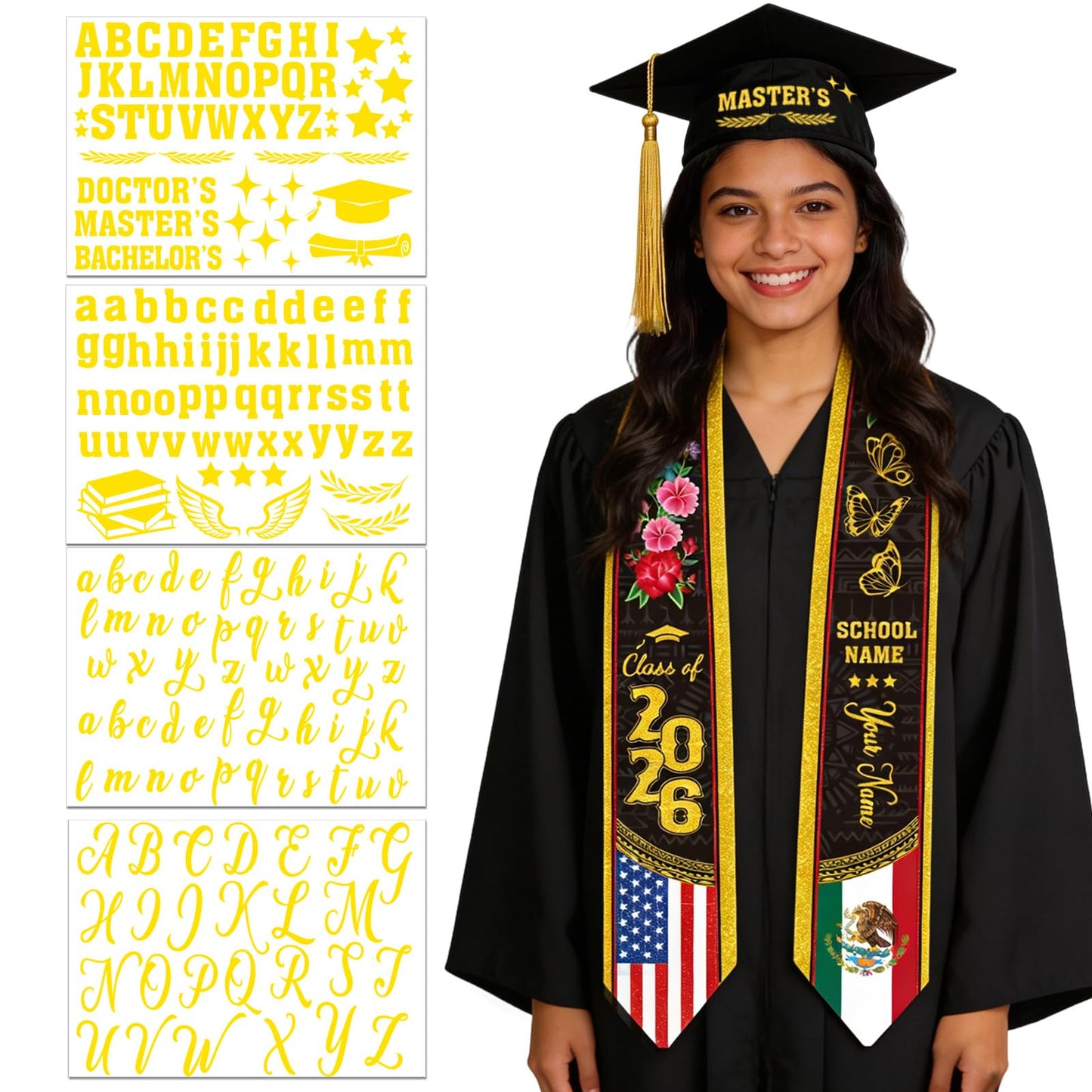 Dazoratix Filipino Graduation Stole 2026 - Philippines American Flag Sash Personalized Custom Glitter Iron on Letters Patches DIY Customize Transfer Stickers for Senior Student School Grad Decorations BST326L
