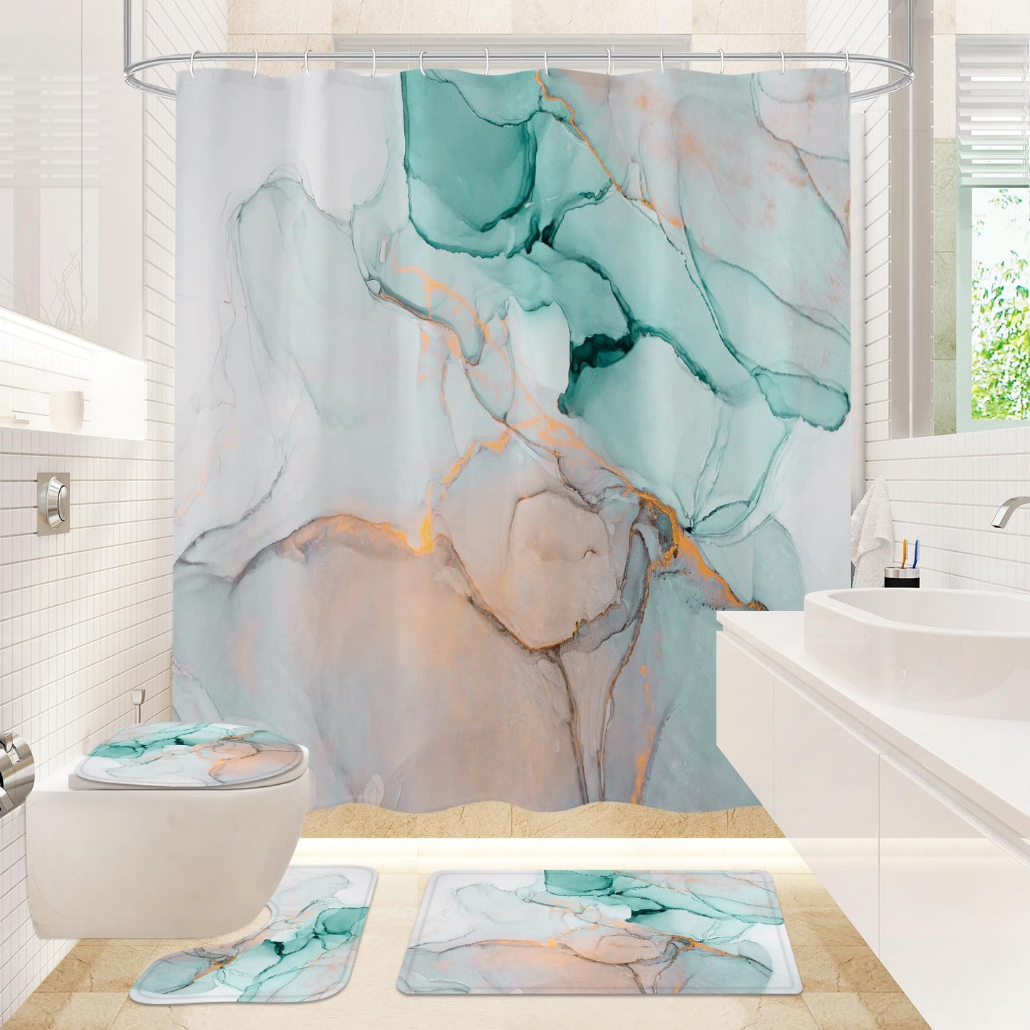 Gibelle 4 Pcs Bathroom Shower Curtain Set with Non-Slip Rugs, Toilet Lid Cover and Bath Mat, Grey Blue Marble Bathroom Decor Set with Shower Curtain and Rugs and Accessories BST326H