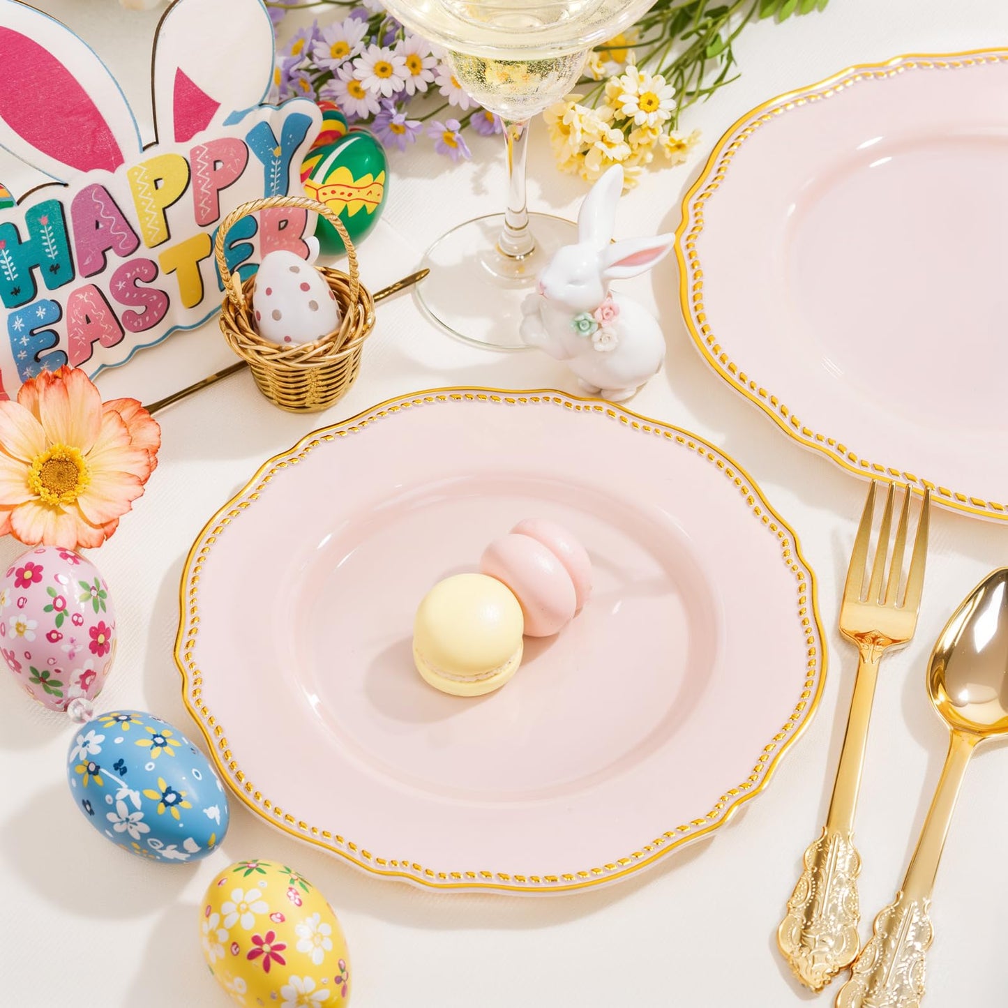 Hioasis 60pcs Pink Plastic Plates - Pink and Gold Disposable Dinnerware with Gold Rim N26