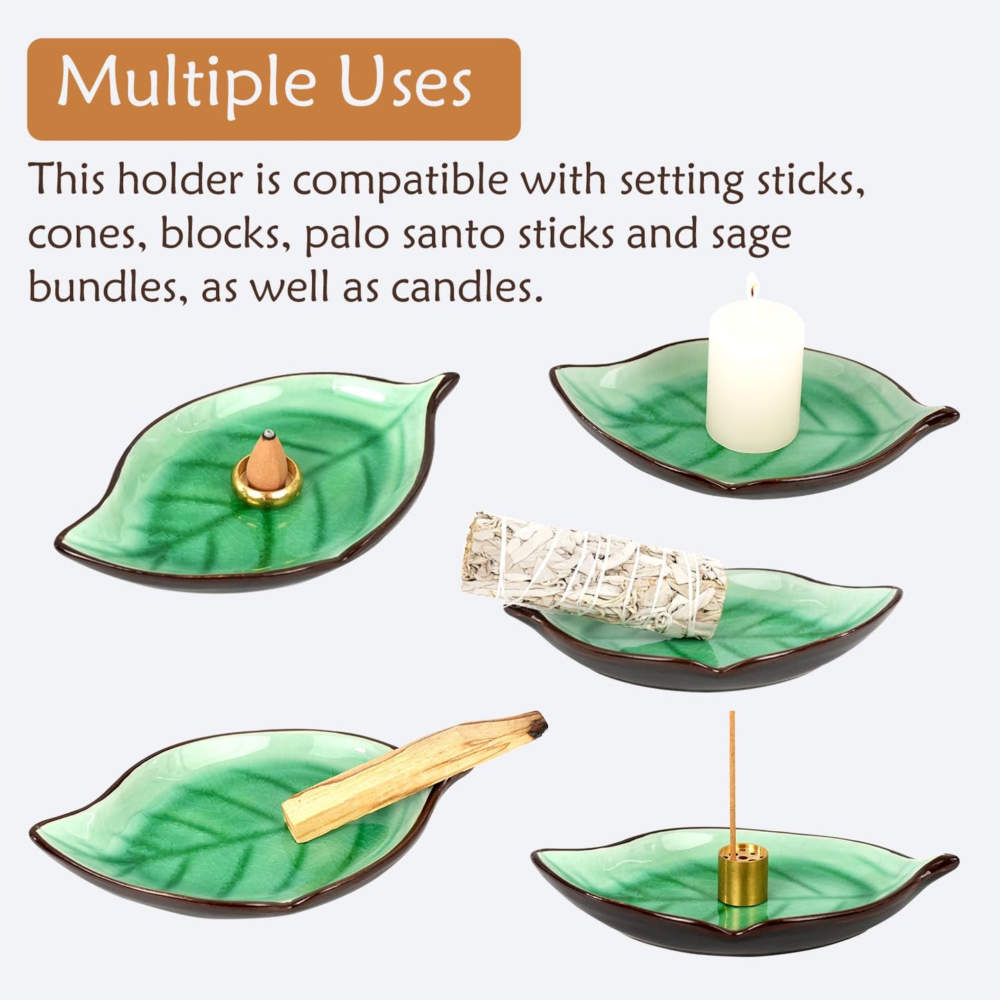 Incense Holder for Sticks (9 Holes) and Cones, Handmade Ceramic Incense Ash Catcher for Meditation, Yoga, SPA Days, Relaxing, Home Decor, Candle Holder, Easy to Clean, Leaf-Shape (Blue) BST220