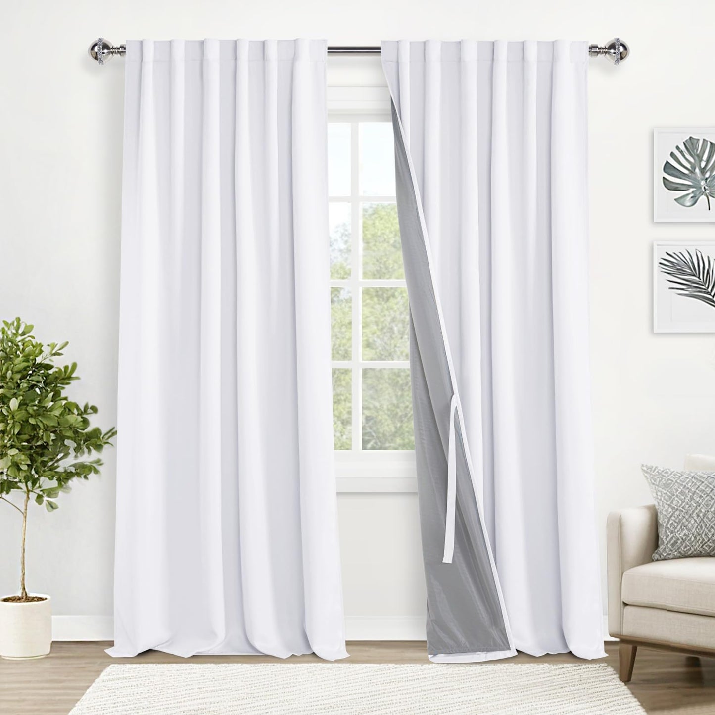 XWZO White Blackout Curtains with Tiebacks - Rod Pocket & Back Tab Heat and Full Light Blocking Window Panels for Bedroom/Nursery, 84 Inches Long Thermal Insulated Draperies, W42 x L84, Set of 2 BST326H
