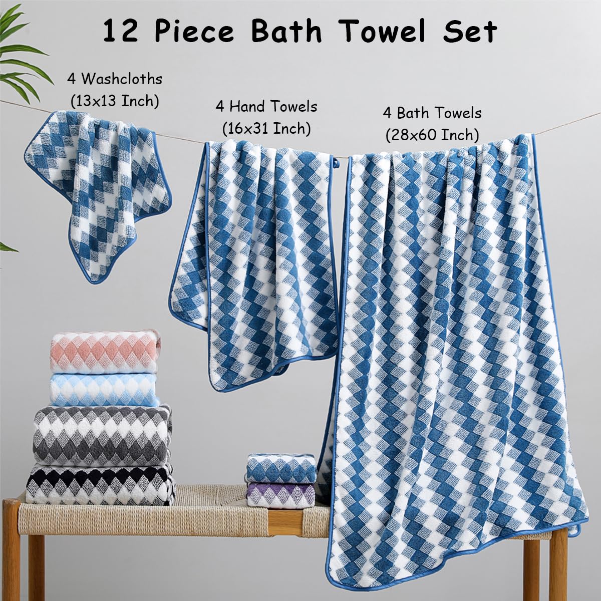 12 Pcs Light Gray Diamond Towel Set-4 Bath Towels,4 Hand Towels,4 Washcloths Soft Polyester Towels with Loop Absorbent Shower Towel Quick Dry Beach Chair Towel Family Towels for Bathroom Spa Gym Pool BST220