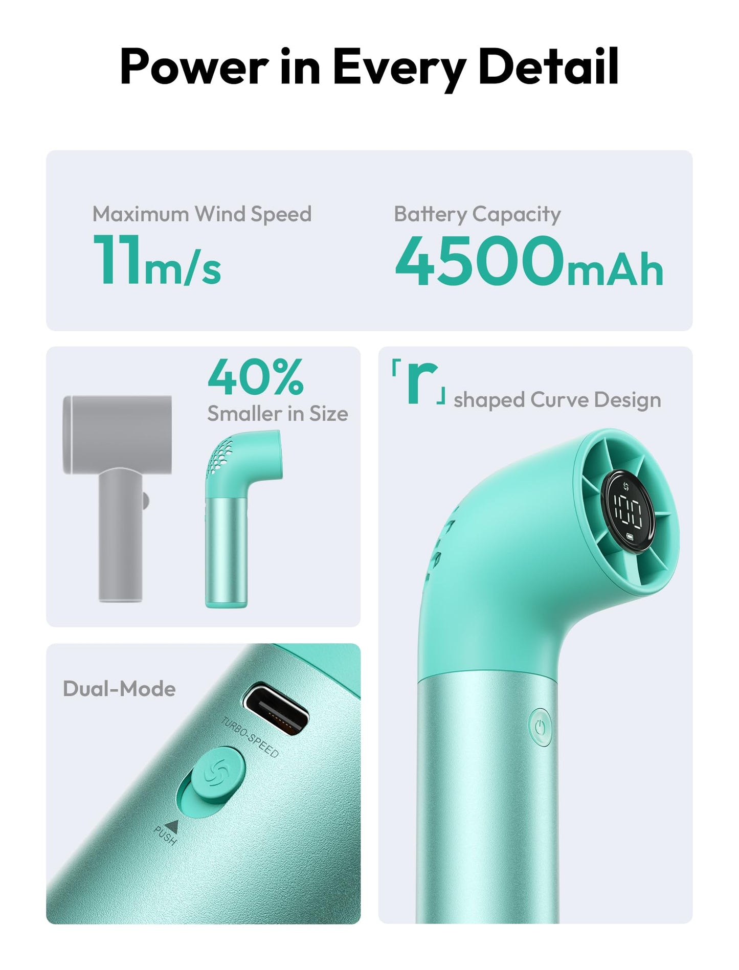Aecooly Portable Handheld Fan, Powerful Turbo Air Tube Fan, 19000 RPM High Speed Aero Pro, 15H Max Cooling Time, 6 Speeds Aluminum Case, Mini Pocket Design, for Travel Beach Outdoor Activities -Blue WN420