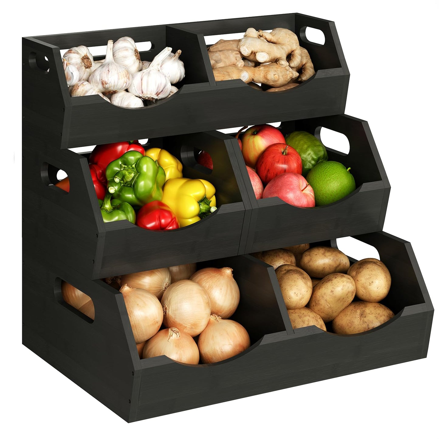 Onion Storage Bins Potato, 3 Tier Bamboo Pantry Storage Bin Stackable Ventilated Kitchen Organizer N3233