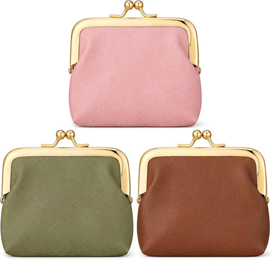 Shinylin 3 Pcs Women's Small Coin Purse Vintage PU Leather Change Purse Rectangle Kiss Lock Coin Pouch Pocket-sized Solid Color Mini for Women Green Brown Pink Green WN420