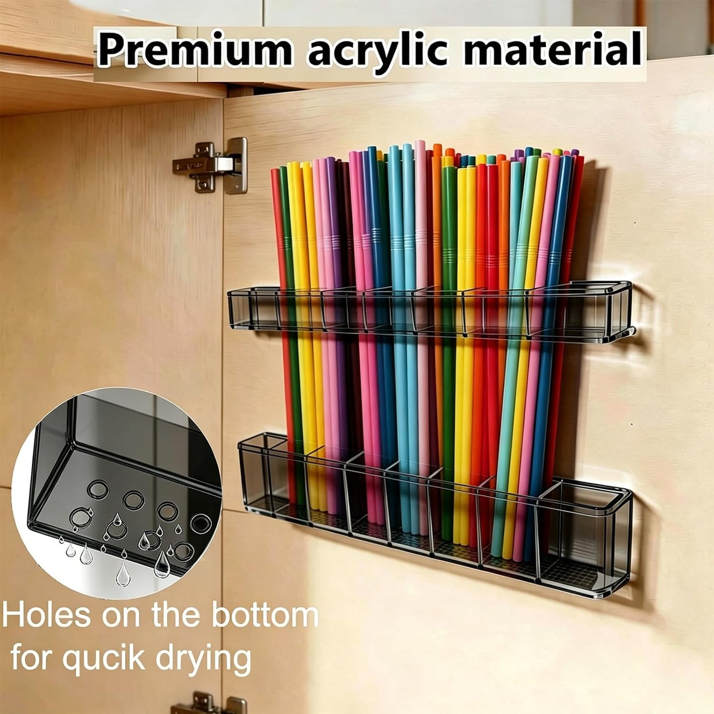 9.8 inch double-layer removable and washable Large Acrylic Cabinet Straw Holder Organizer with Traceless Nano Adhesive – Space-Saving Storage Rack for Cabinet Door, Clear Black Straw Cabinet Holder BST202