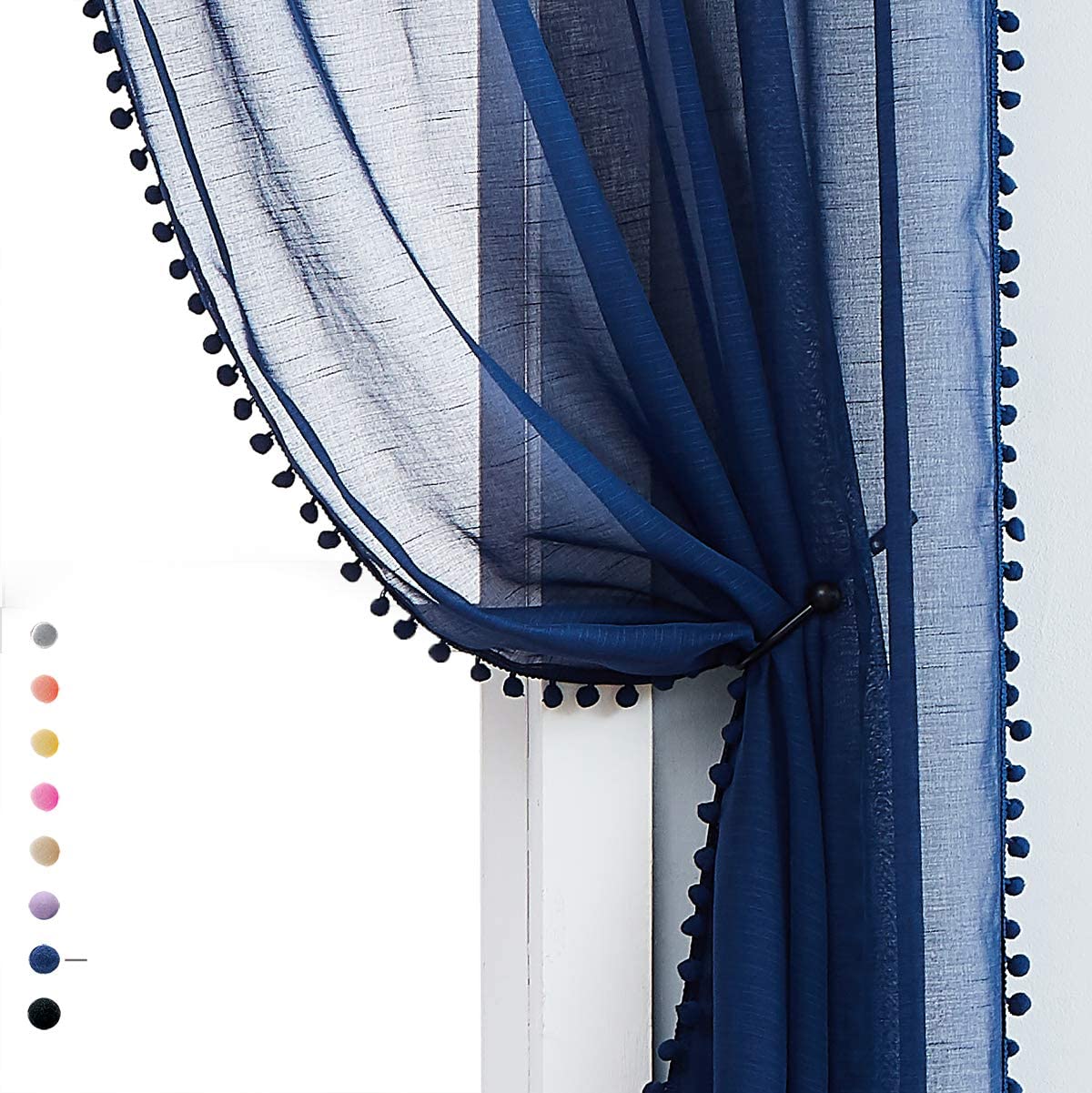 Treatmentex Pom-Pom Grey Sheer Curtains for Bedroom 63" Window Drapes Rod Pocket Textured Sheer Curtain for Kids Room 52" w 2 Panels BST202