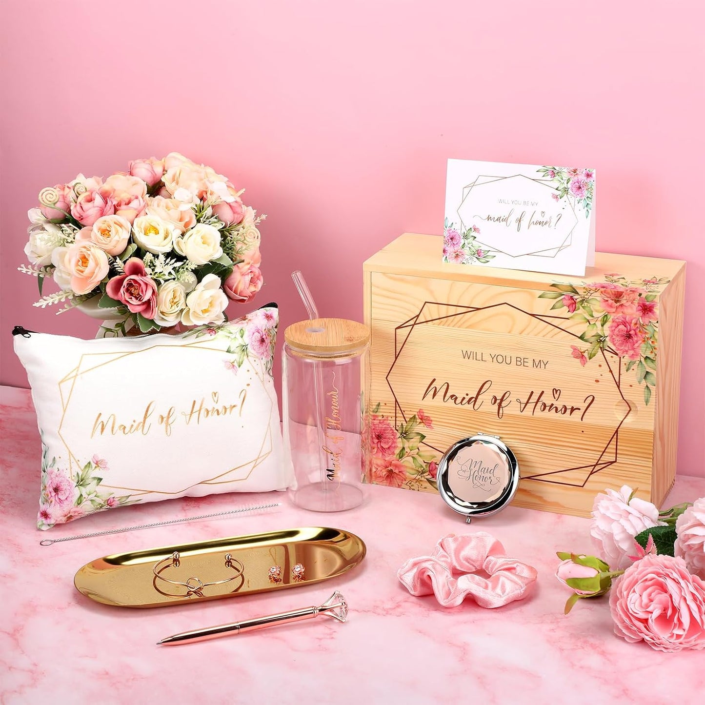 Bridesmaid Proposal Gifts Maid of Honor Proposal Gifts Set Will You Be My Bridesmaid Wooden Gift Box 17oz Glass Tumbler Cup Makeup Bag Compact Mirror Bracelet Diamond Pen for Wedding WN420