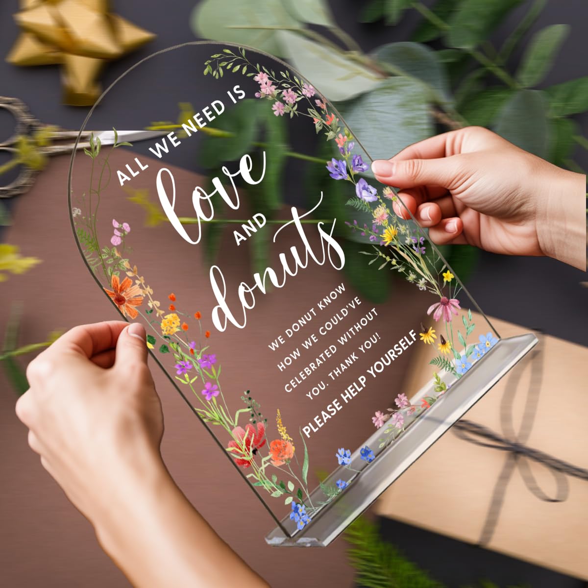 Acrylic Wedding Signs, Pick A Card Signs for Marriage Reception, Bridal Shower Decorations, Modern Arched Round Top Acrylic Table Top Sign with Holder for Wedding Party Dinner (Clear Wildflowers) BST326L