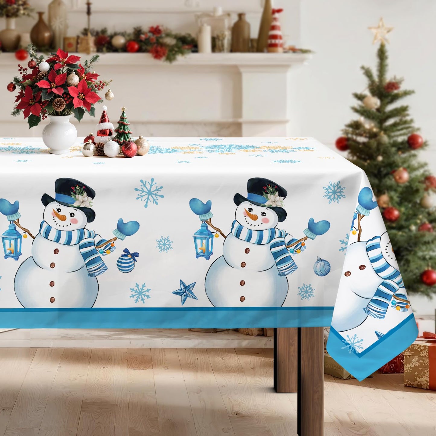 Christmas Tablecloth Waterproof, Red Snowman Snowflake Table Cloth Rectangle, Washable Table Cover for Christmas Party Home Kitchen Decoration (60×120 Inch) BST202