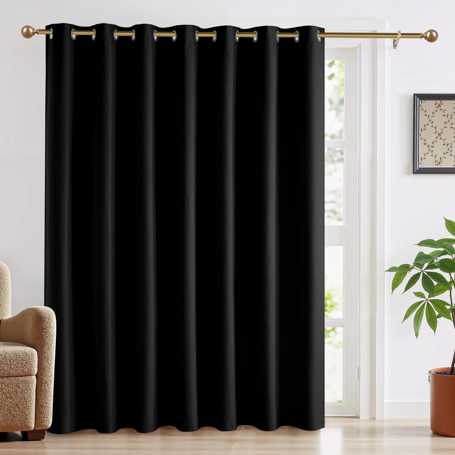 RYB HOME 100% Blackout Curtain for Sliding Glass Doors, Extra Wide Thermal Insulated Privacy Linen Curtains for Bedroom/Patio Door/Living Room/Open Closet, Room Divider, Black, W100xL108, 1 Panel BST220