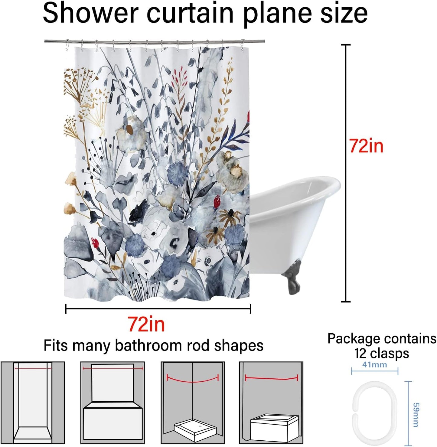 Floral Shower Curtain (72” x 72”), Polyester Fabric Printed Shower Curtain Set for Bathroom with Hooks（01） BST202