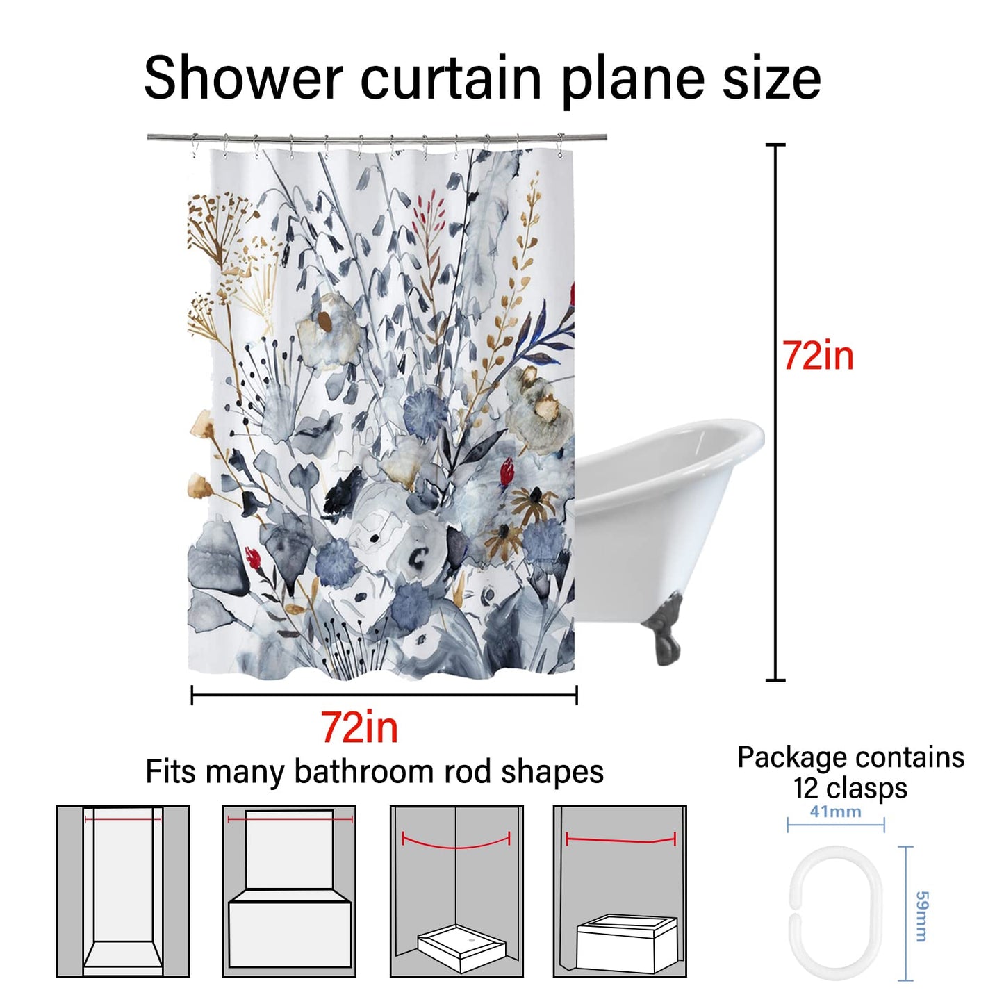 Floral Shower Curtain (72” x 72”), Polyester Fabric Printed Shower Curtain Set for Bathroom with Hooks（01） BST202