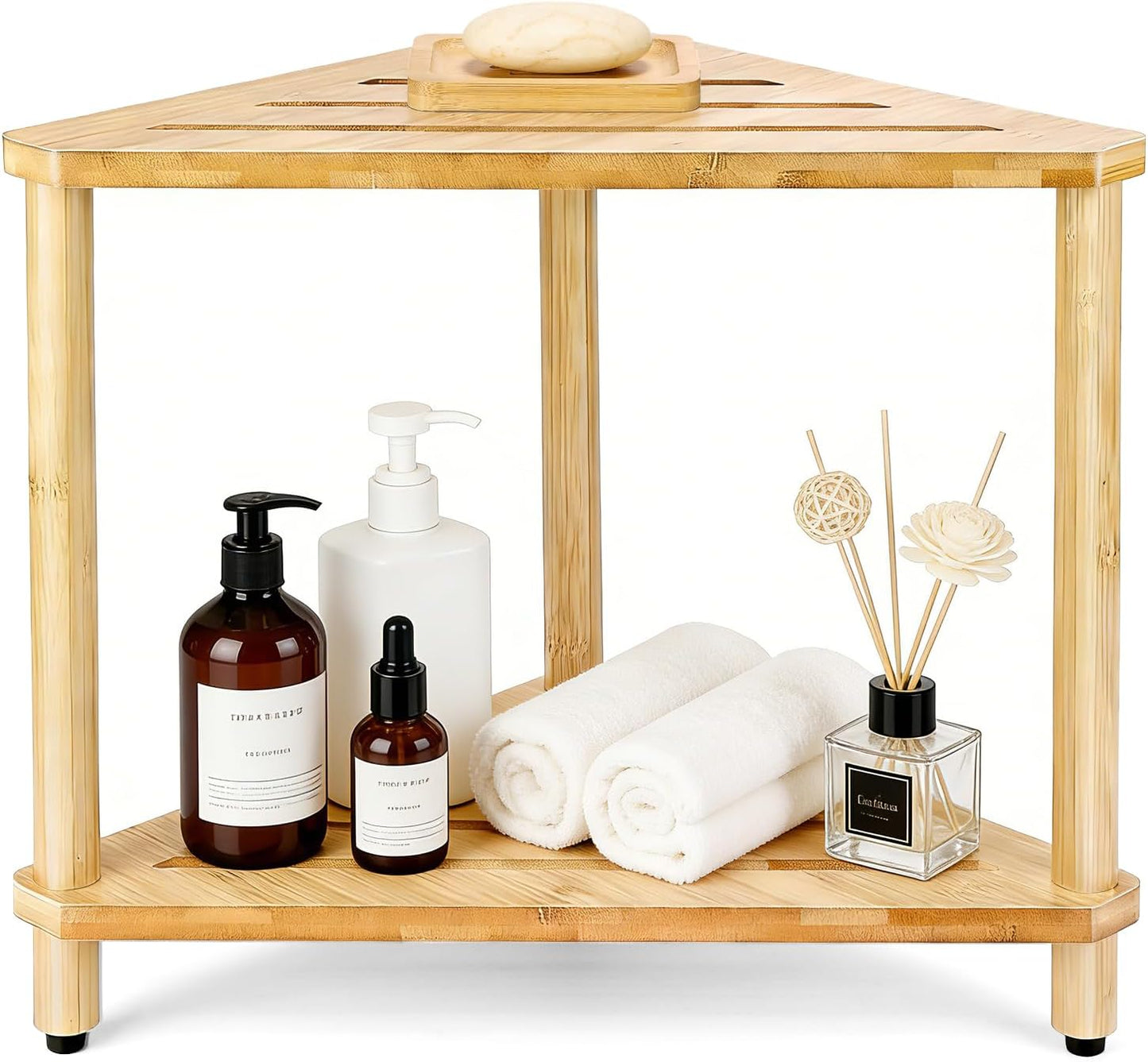 Bamboo Corner Shower Stool with Soap Dish, Waterproof Bath Bench Seat for Shaving Legs Inside Shower, 2-Tier Height Adjustable Foot Rest with Storage Shelf, Corner Bench for Women BST326H