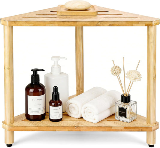 Bamboo Corner Shower Stool with Soap Dish, Waterproof Bath Bench Seat for Shaving Legs Inside Shower, 2-Tier Height Adjustable Foot Rest with Storage Shelf, Corner Bench for Women BST326H