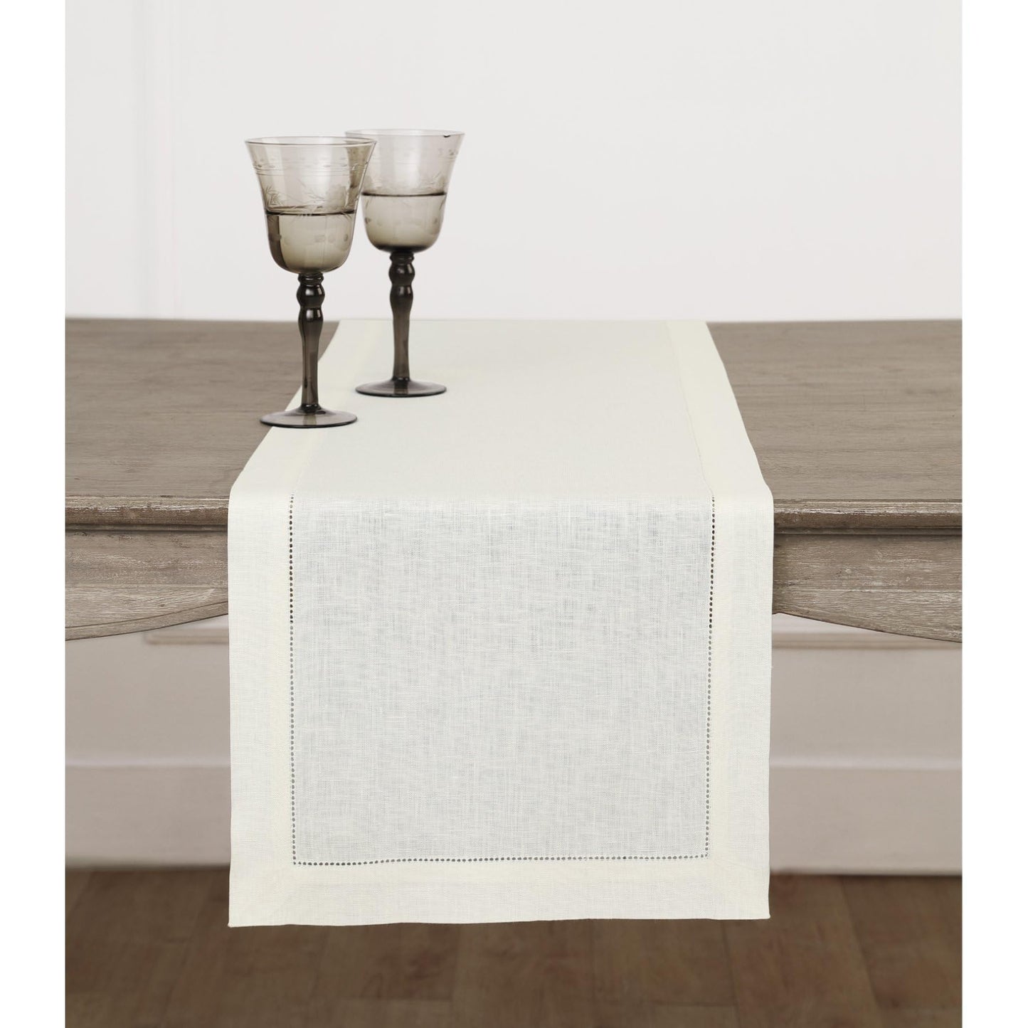 Solino Home 100% Pure Linen Table Runner Garden Green Hemstitch, 14 x 48 in | Classic Hemstitch Table Runners for dining, hallway and console table styling | hand hemstitched borders | OEKO-TEX Certified BST326SOLH