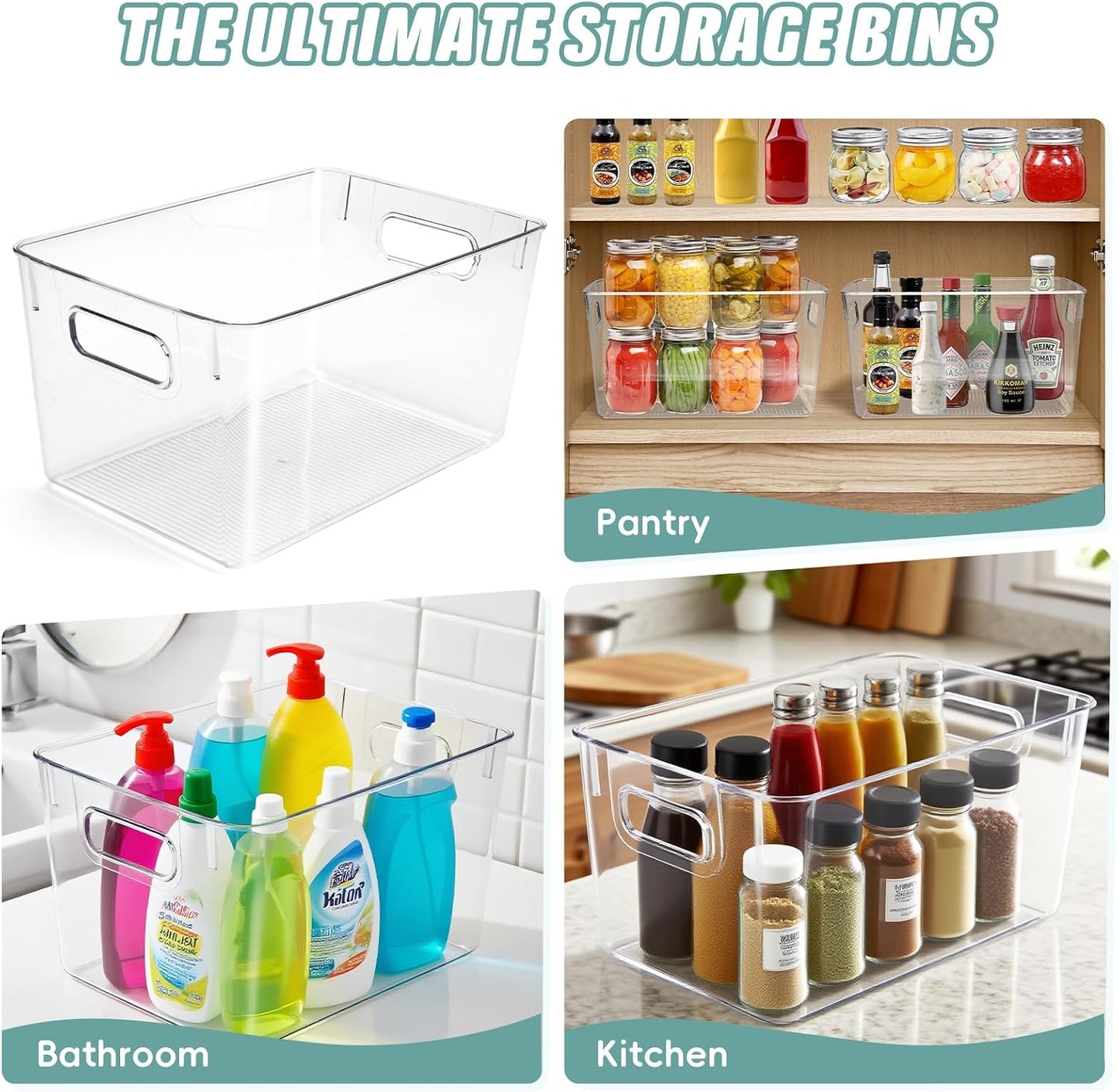 Set of 8 Clear Organizers and Storage Bins, 4 Large and 4 Small Stackable Plastic Storage Containers with Handles for Fridge, Freezer, Pantry, Cabinet, Kitchen Organization BST326H