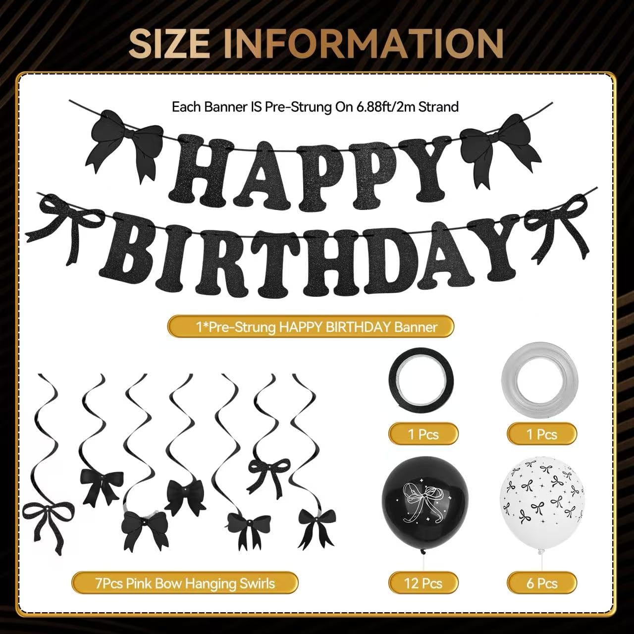 Black Bow Birthday Decorations Set - Coquette Theme Party Supplies with Happy Birthday Banner Garland, Hanging Swirls, Bow Balloons for Women Black Party Decorations Supplies (black) BST326L