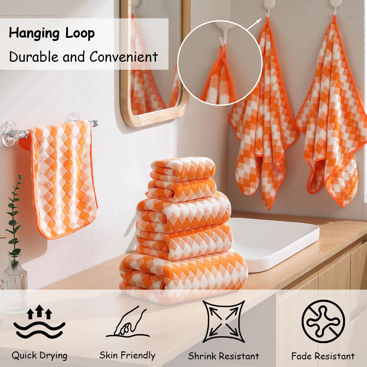 12 Pcs Light Gray Diamond Towel Set-4 Bath Towels,4 Hand Towels,4 Washcloths Soft Polyester Towels with Loop Absorbent Shower Towel Quick Dry Beach Chair Towel Family Towels for Bathroom Spa Gym Pool BST220
