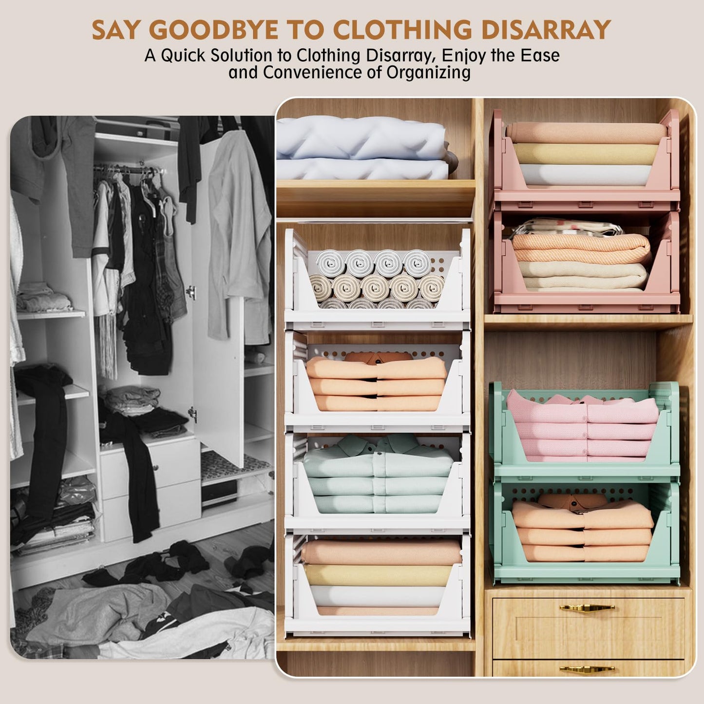 SNSLXH 5 Pack Stackable Closet Storage Basket, Multifunctional & Foldable Closet Organizer N28