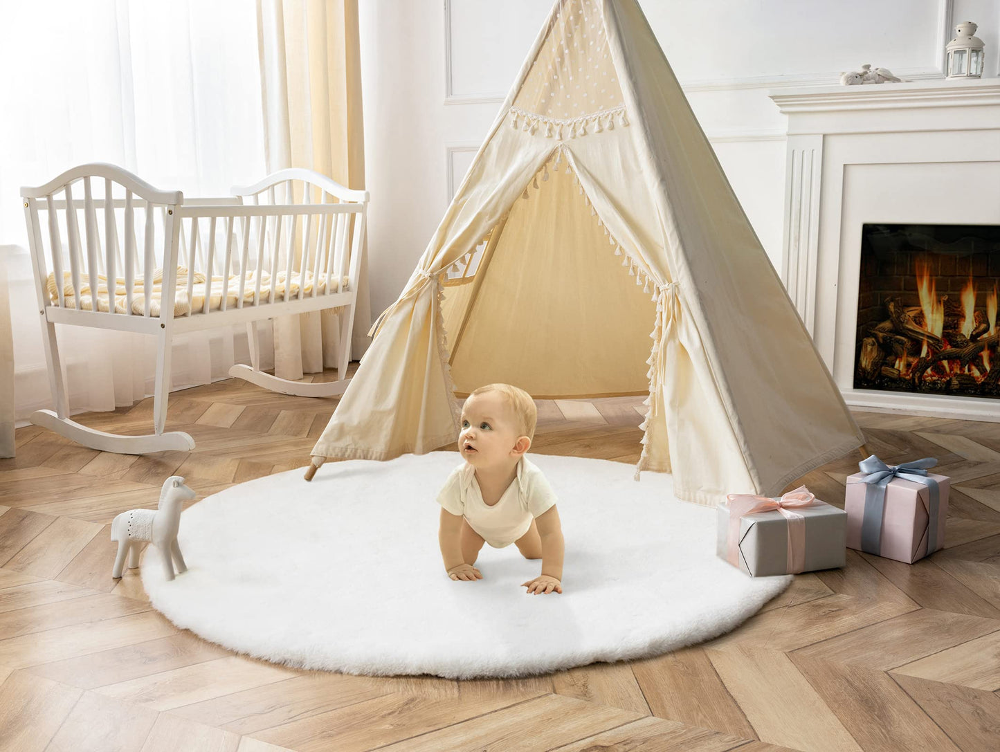 Ashler Faux Fur Rug, Ultra Soft Faux Rabbit Fur, Beige Area Rugs, 3 x 3 Feet Round, Machine Washable Nursery Decor Throw Rugs for Bedroom, Kids Room, Living Room BST326H