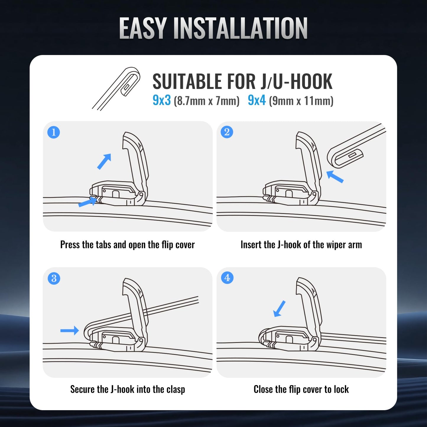 Wiper Blades, OEM Quality, Premium All-Season PTFE Rubber, Quiet & Streak-Free, J-Hook, Automotive Replacement Windshield Wiper Blades (26"+16" Pair for Front Windshield) WN420