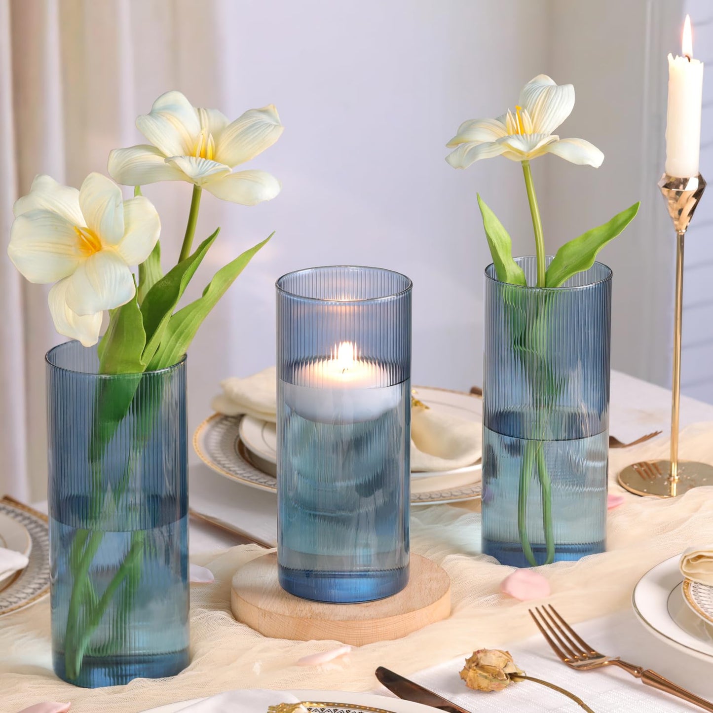 Glass Ribbed Cylinder Vases, 8 Inch Tall, Clear, Pack of 3 | Flower Vases in Bulk, Hurricane Floating Candle Vases, For Party Home Decor BST326H
