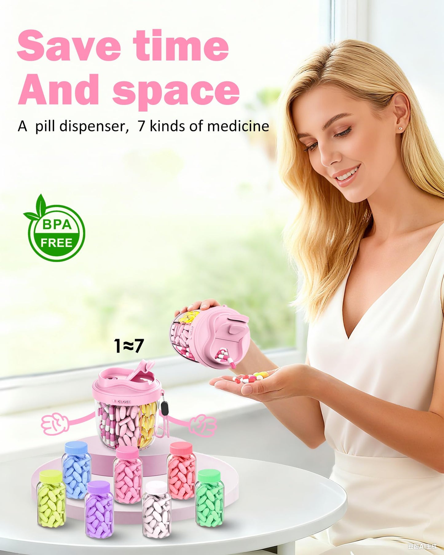 Cute Pill Organizer,Pill Dispenser with 7 Large Compartments,Portable Pill Bottle Box with Wide Opening for Easy Use, Anti-Mix Pills Organizer for Travel,Includes 20 Pcs Sticky Labels(Black) WN420