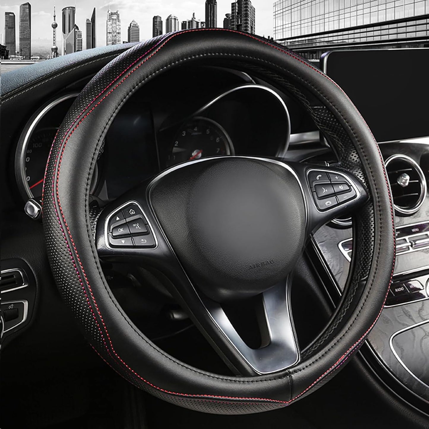 High-Grade Real Cowhide Steering Wheel Cover for Men Women，Black Genuine Leather Steering Wheel Cover for Cars,Universal 14.5-15 inch Steering Wheels WN420
