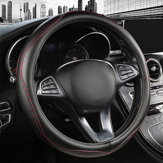High-Grade Real Cowhide Steering Wheel Cover for Men Women，Black Genuine Leather Steering Wheel Cover for Cars,Universal 14.5-15 inch Steering Wheels WN420