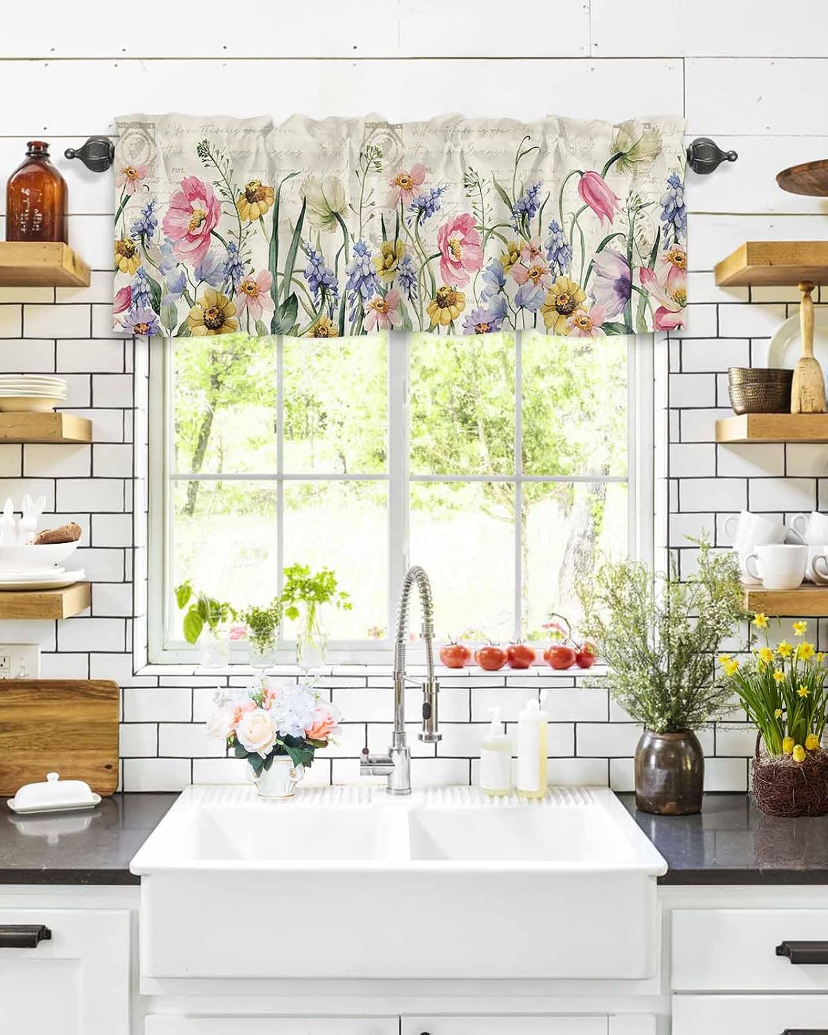 Spring Curtain Valances for Windows, Retro Wild Plants Flowers Rod Pocket Valance Window Treatments Botanical Short Curtains for Kitchen Bathroom Living Room 54 x 18 Inches, 1 Panel BST326H