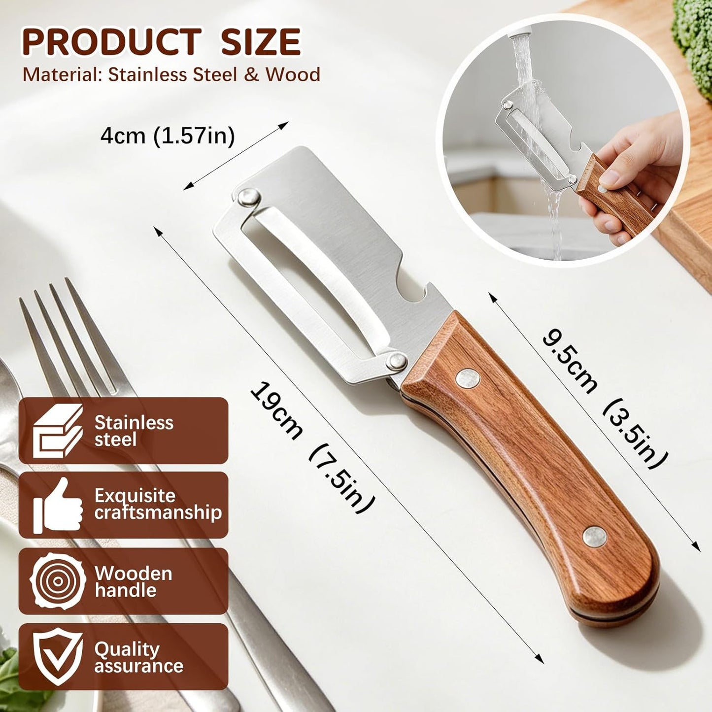 Left & Right Hand Vegetable Peeler Set with Bottle Opener, Thickened Stainless Steel Wide Blade for Smooth Peeling, Wooden Handle Kitchen Peeler for Fruits & Vegetables BST326L