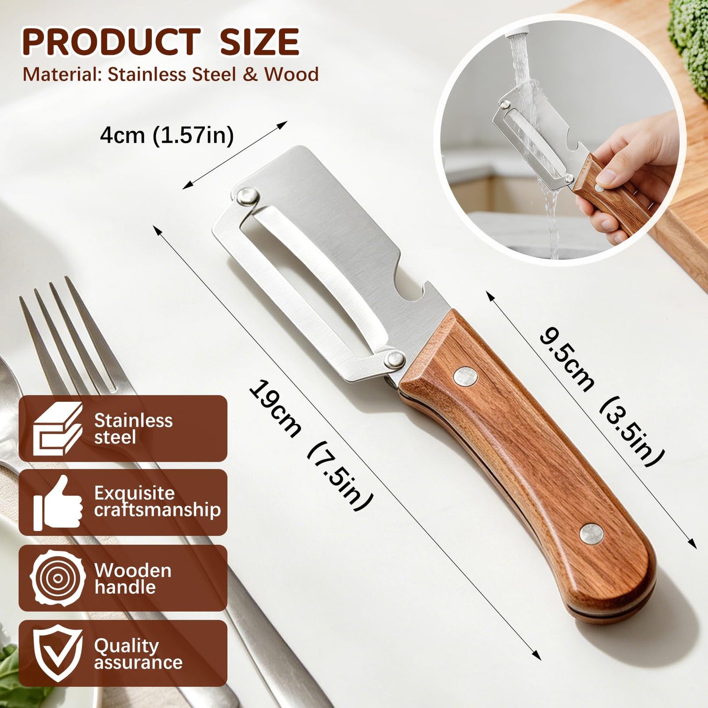 Left & Right Hand Vegetable Peeler Set with Bottle Opener, Thickened Stainless Steel Wide Blade for Smooth Peeling, Wooden Handle Kitchen Peeler for Fruits & Vegetables BST326L