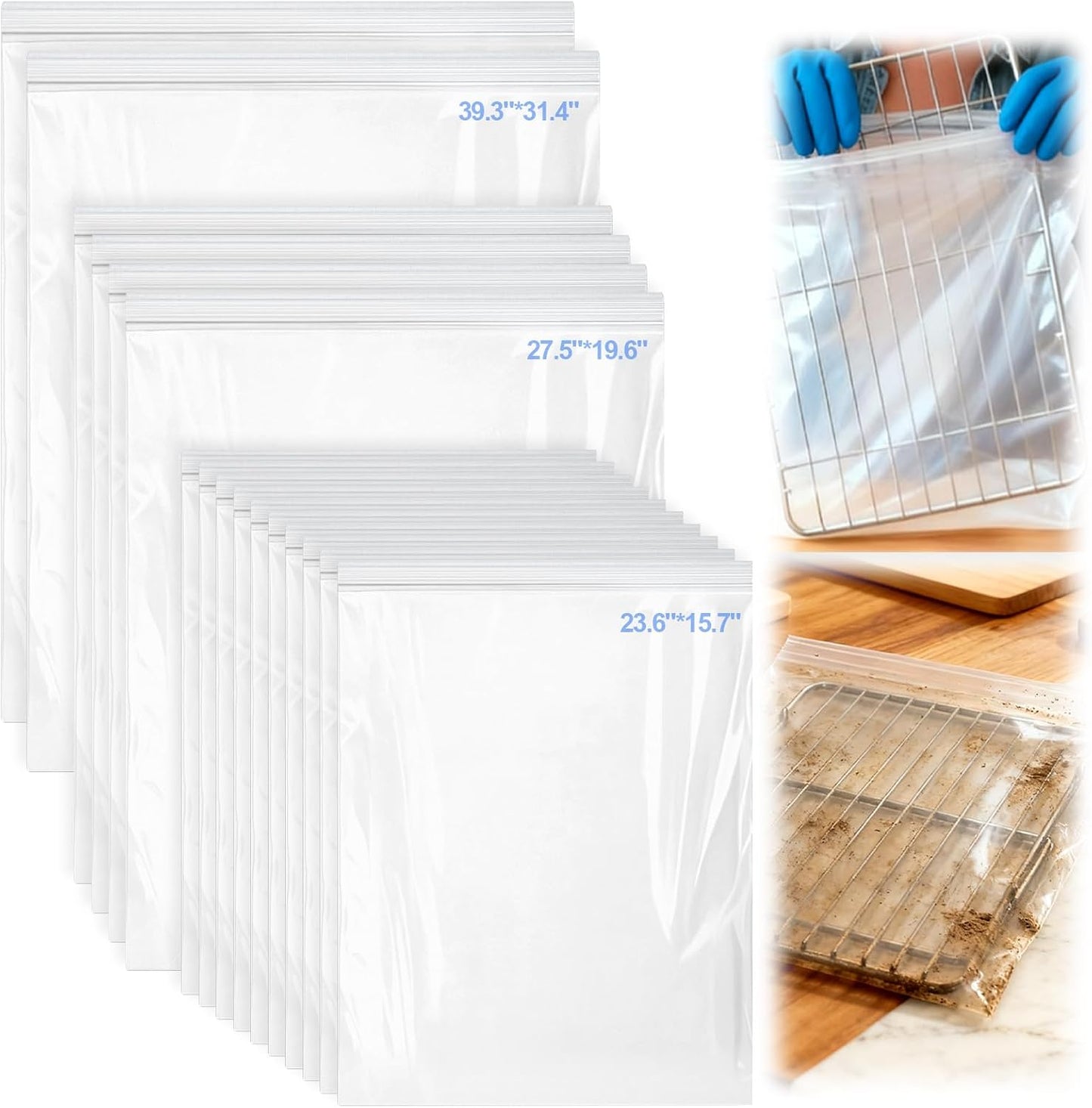 Palksky Oven Rack Cleaning Bags, 3 Sizes Heavy Duty No Scrub Bags for Use with Oven Cleaner, Reusable Leak-Resistant PE Bags for Deep Soaking Grill Grates & BBQ Racks, No Cleaner Included, 16 Packs WN420