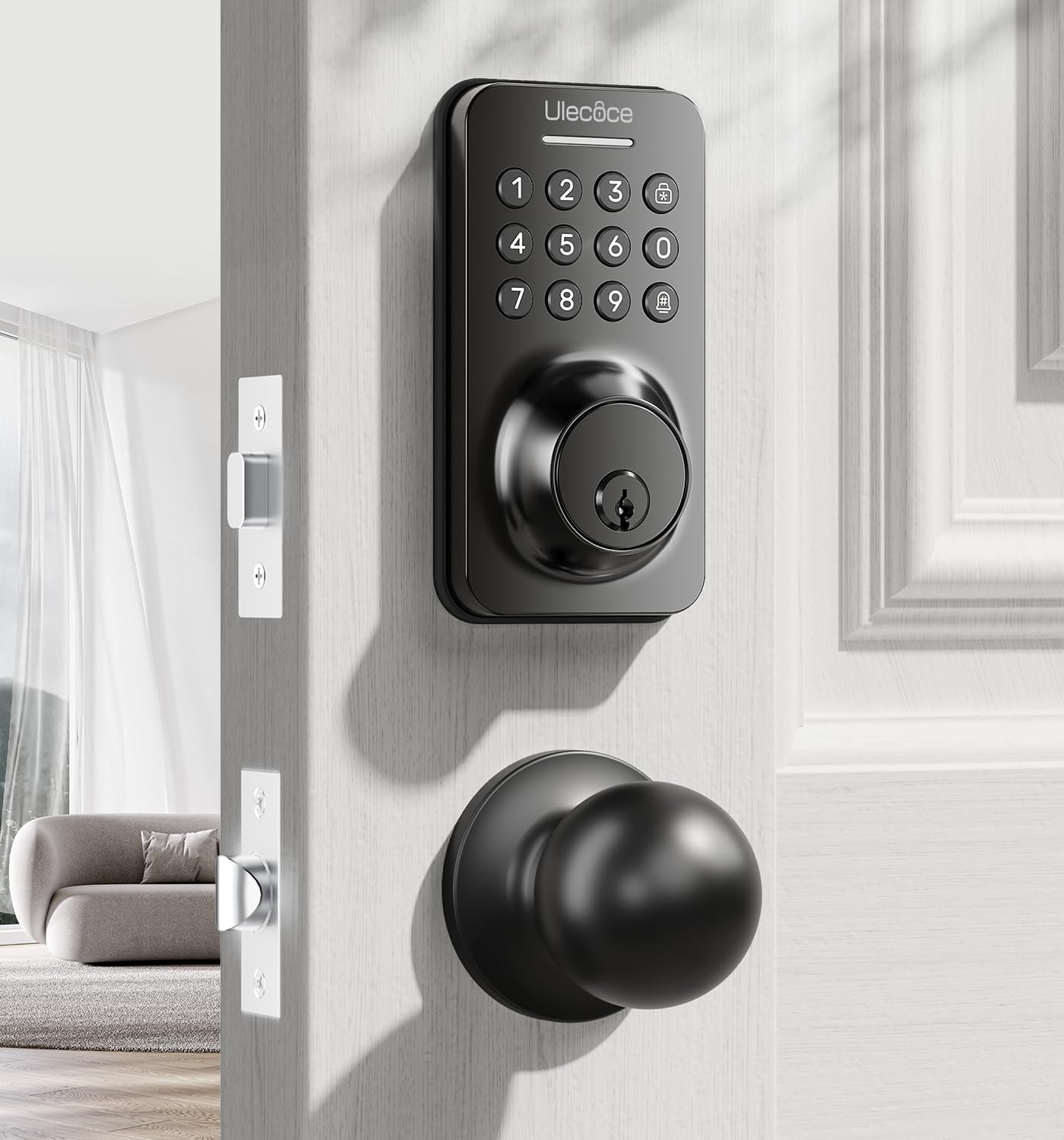 Ulecoce Keyless Entry Door Lock with Knob Set, Door Locks for Front Door with Handle Set, Auto Lock, One-Touch Lock, 100 Codes ＆ 3 Keys, Anti-Peeping Password, Easy Installation, Black