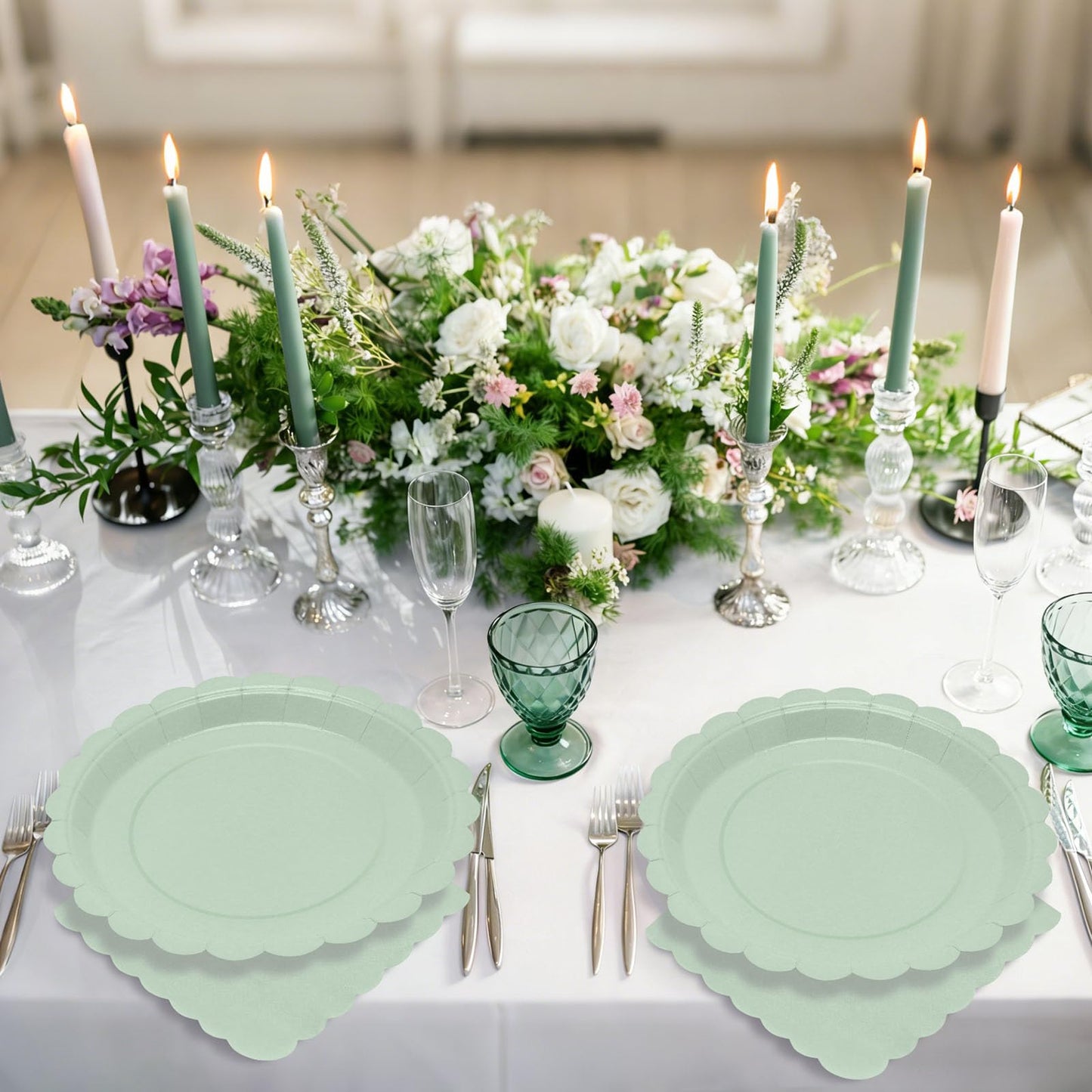 100 Pcs White Paper Plates and Napkins, 50 Pcs Guest White Party Supplies Including Scalloped Plates and Napkins for Independence Day Weddings, Parties BST326L