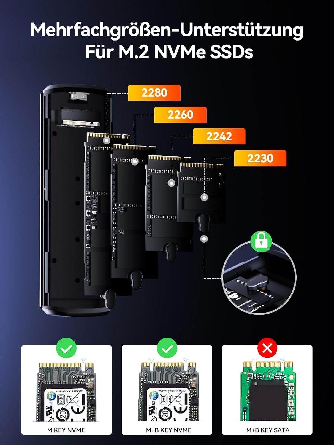 QUUGE NVMe M.2 USB 3.2 SSD Enclosure, USB-C Adapter USB 3.2 Gen 2 10Gbps, Hard Drive Enclosure Aluminum Alloy for PCIe M-Key/M+ B-Key SSDs (2230/2242/2260/2280), Tool-Free, Includes USB CC Cable WN420