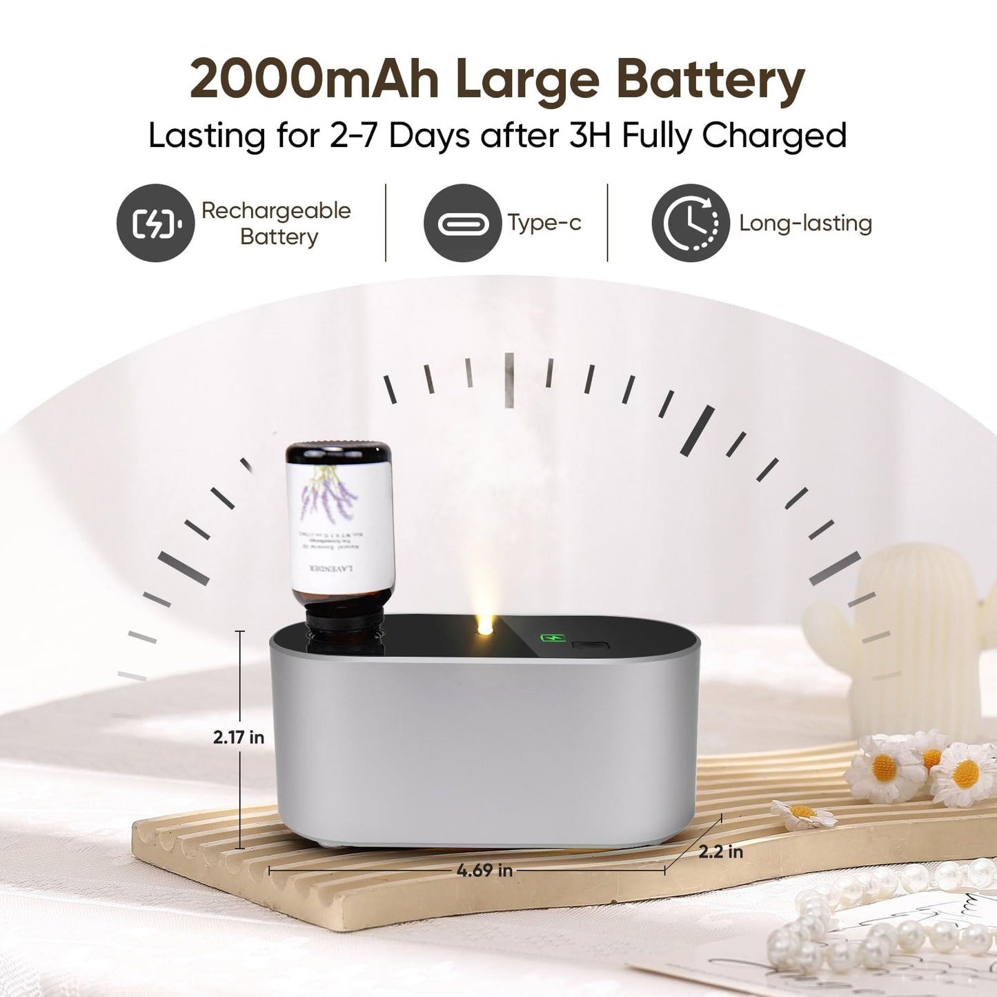 Lecdura Waterless Diffuser for Essential Oil, Battery Operated Scent Air Aromatherapy Diffuser, Mini Aroma Diffusers with 3 Intermittent Mist Modes, Cycle Start for Home Office Bedroom - Rose Gold
