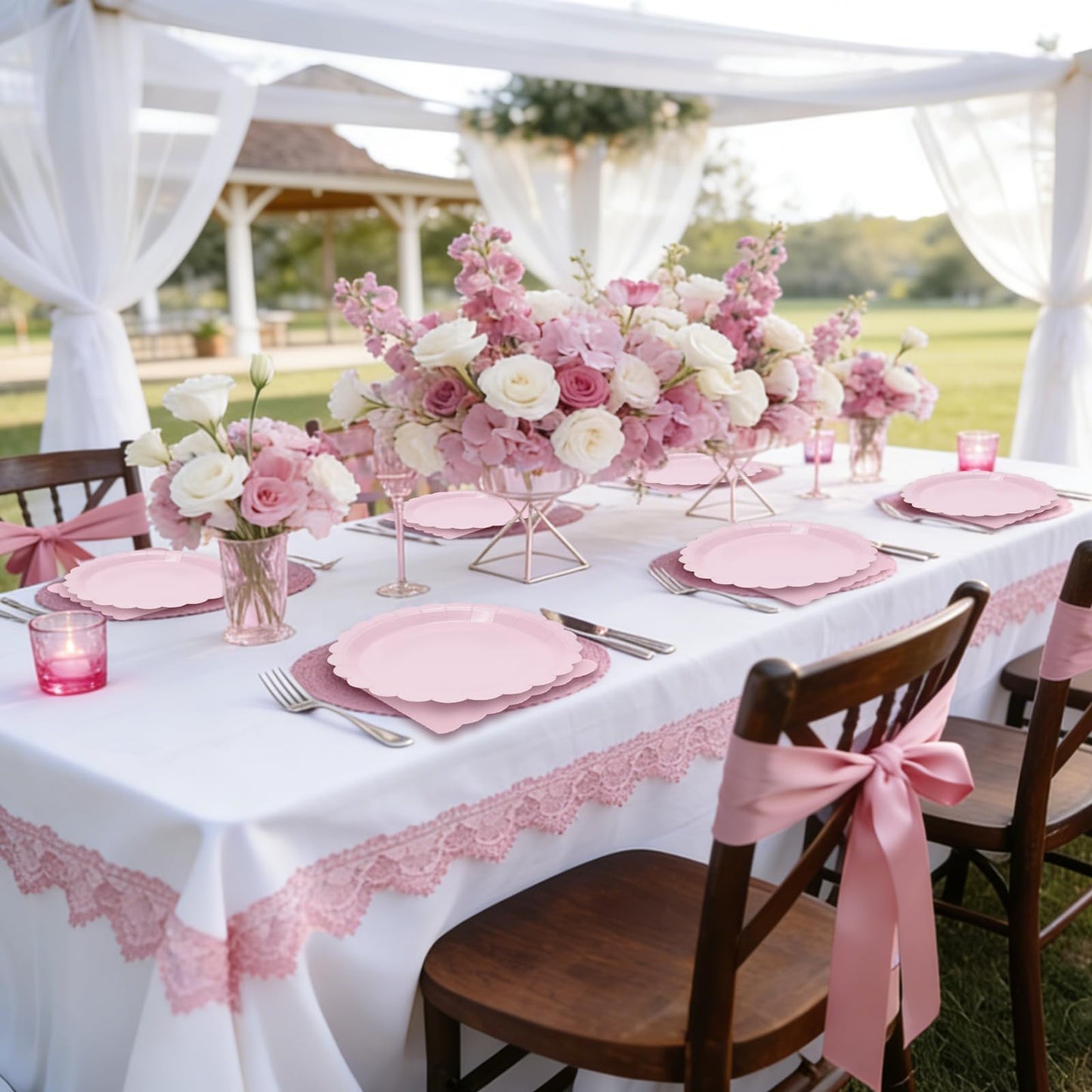 100 Pcs White Paper Plates and Napkins, 50 Pcs Guest White Party Supplies Including Scalloped Plates and Napkins for Independence Day Weddings, Parties BST326L