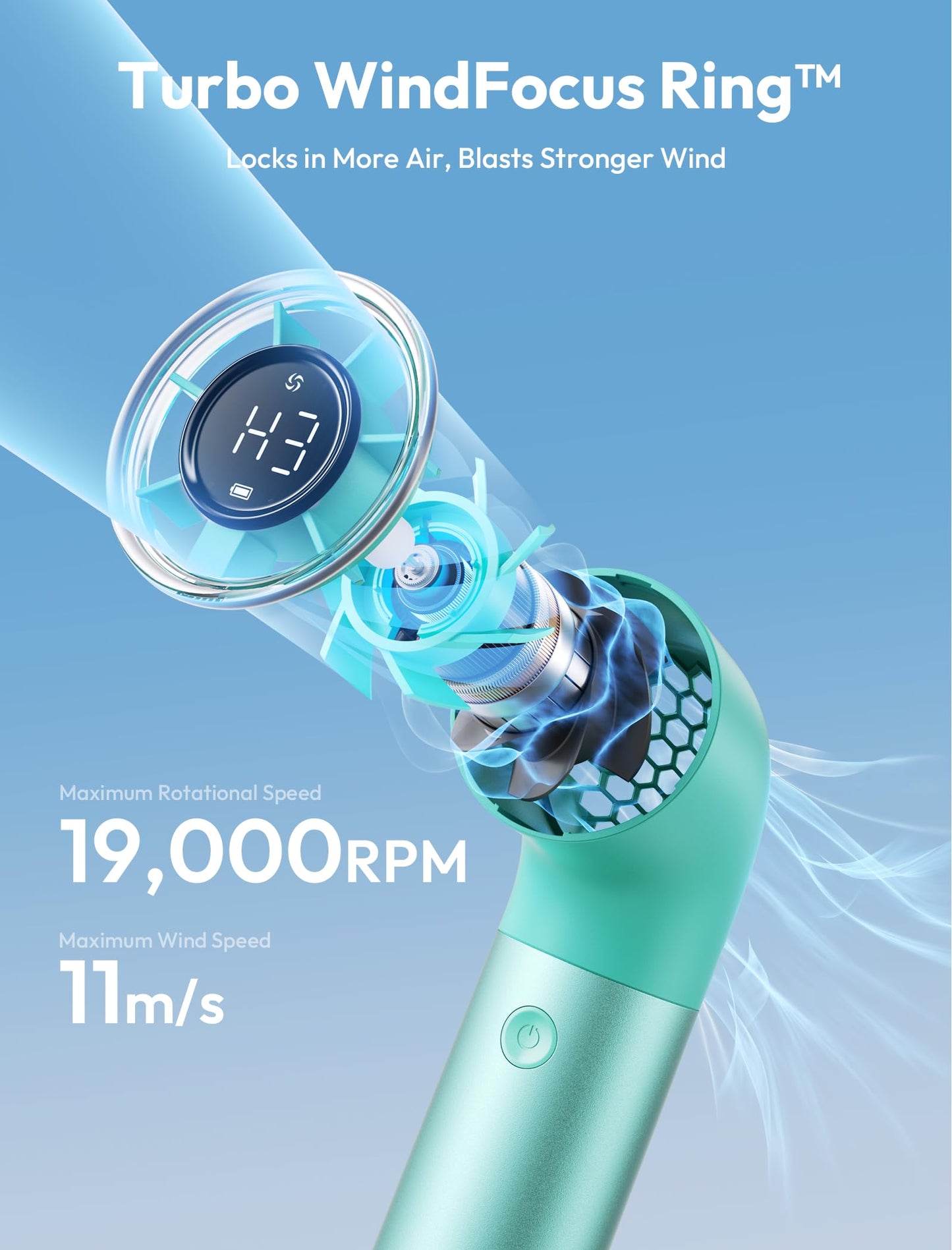 Aecooly Portable Handheld Fan, Powerful Turbo Air Tube Fan, 19000 RPM High Speed Aero Pro, 15H Max Cooling Time, 6 Speeds Aluminum Case, Mini Pocket Design, for Travel Beach Outdoor Activities -Blue WN420