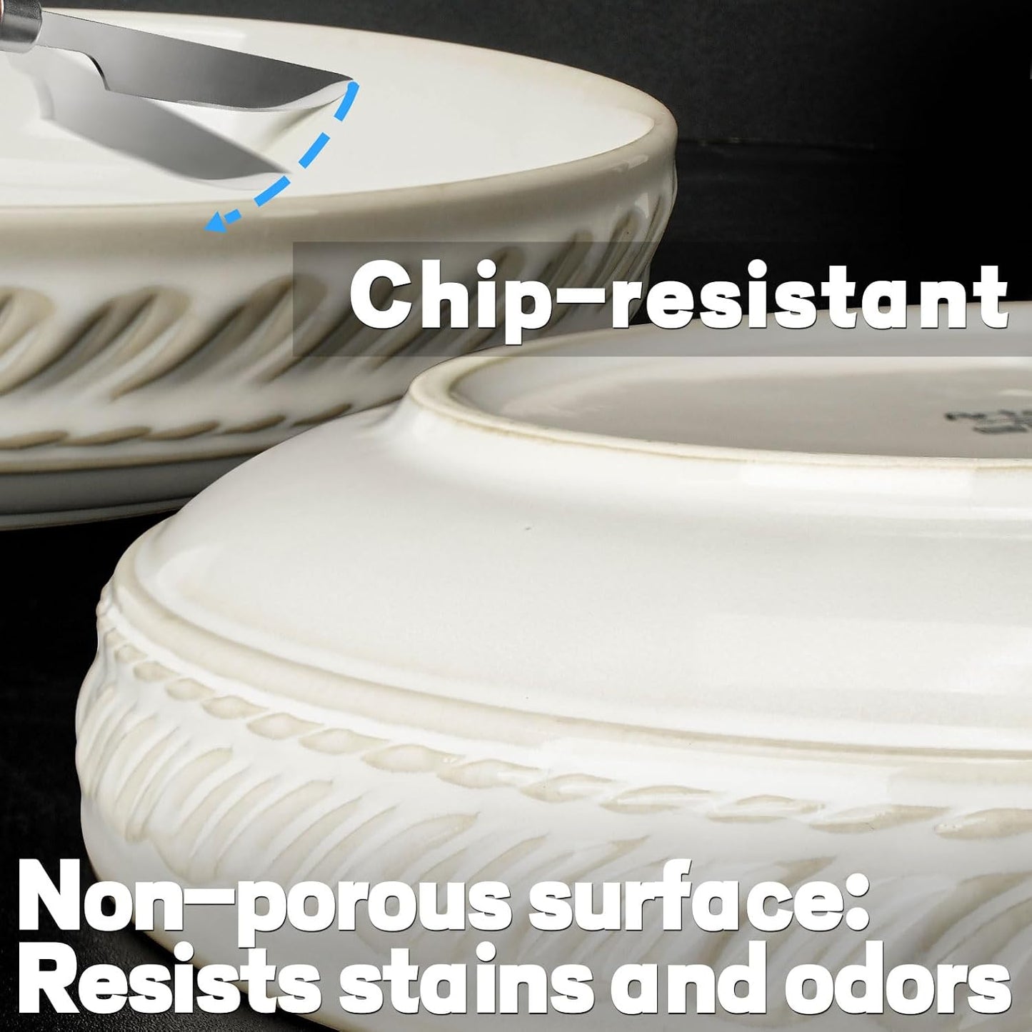Artena Pasta Bowls, 50oz Large Salad Serving Bowls, 9.75'' Plates Bowls Set of 4, Big White Ceramic Soup Bowls for Kitchen, Embossment Shallow Dinner Bowl, Microwave Dishwasher Safe, Willow Leaf BST326H