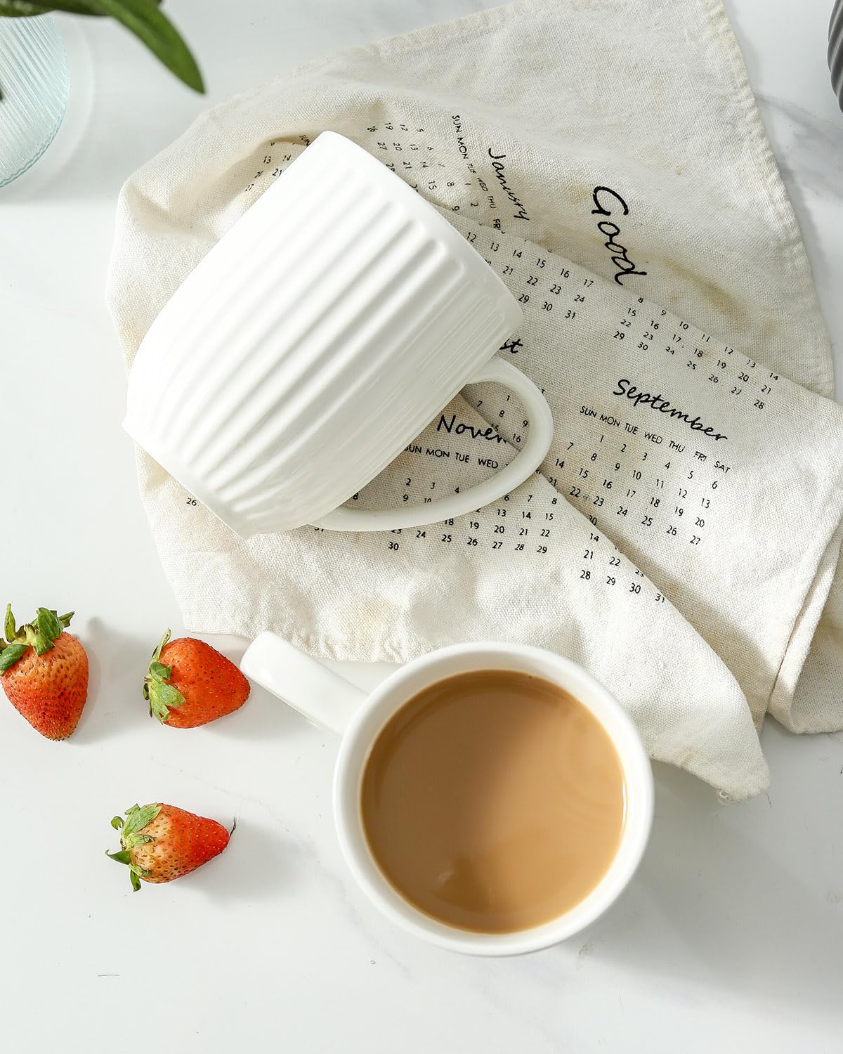 HASENSE Textured Large Coffee Mugs Set of 4, 16 Oz Ribbed Ceramic Cups with Large Handle for Latte Tea Cappuccino, Stackable Embossed Mug Set for Mom Dad, Microwave Dishwasher Safe, Creamy White BST220