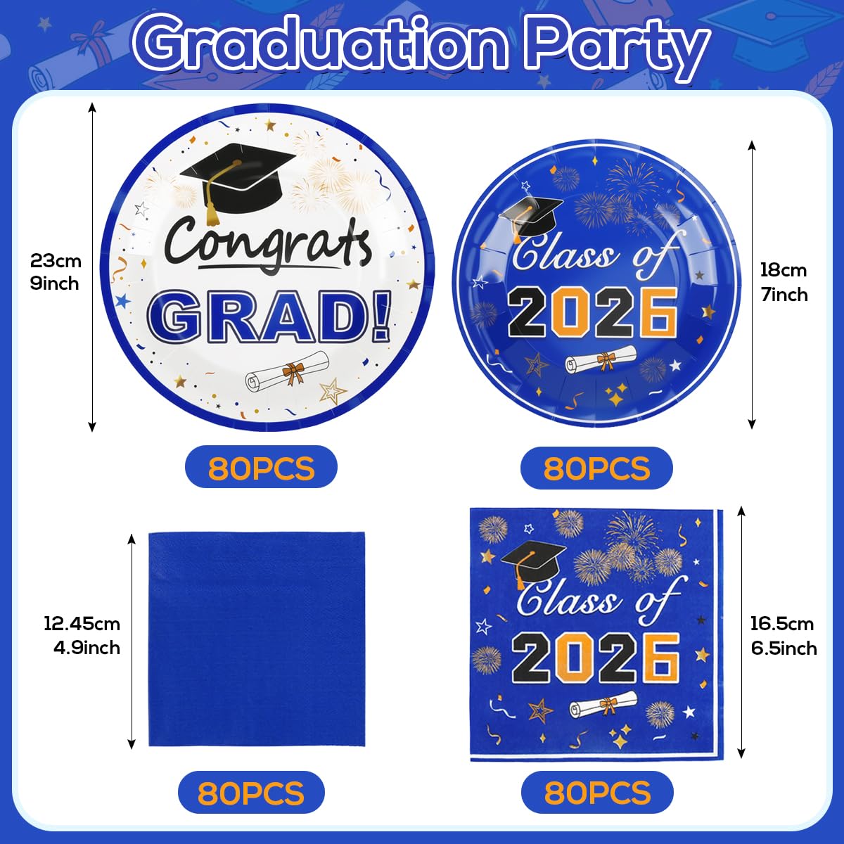2026 Graduation Plates and Napkins, 320 PCS, Serves 80 | Disposable Class of 2026 tableware set for graduation parties, ceremonies and school celebrations BST202
