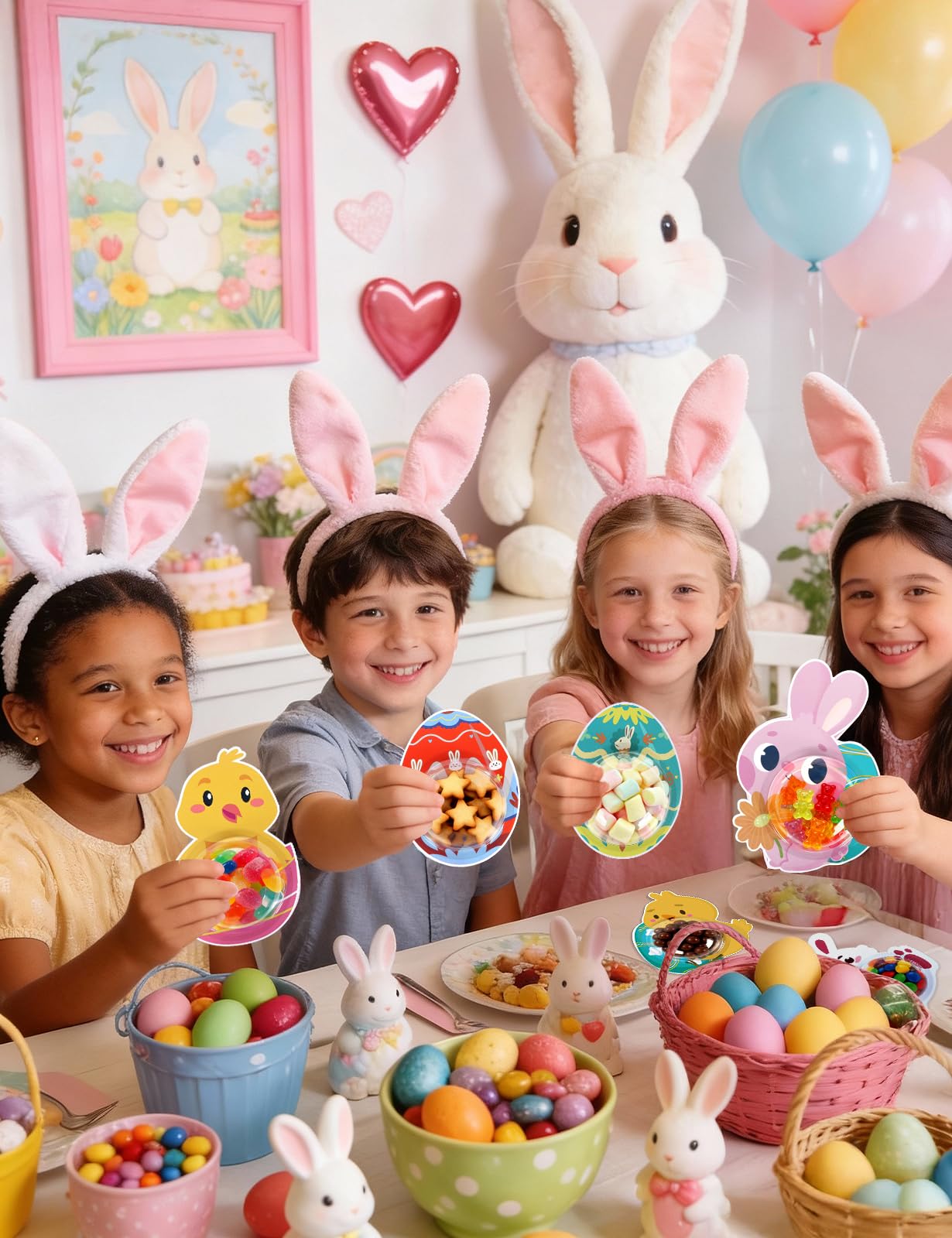 24 Pack Easter Cards for Classroom Exchange - Bubble Gum Machine Design with Round Holders, DIY Bunnies Eggs Chick Candy Cards for School Spring Party Favors, Gifts, Crafts & Rewards (6 Styles) BST326H