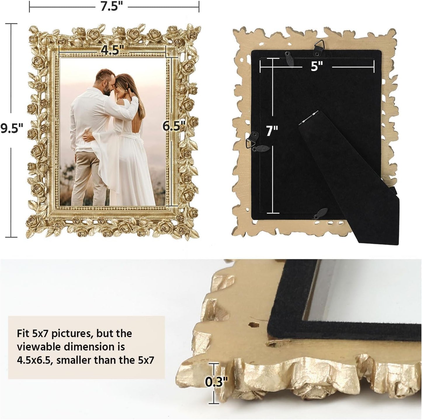 5x7 Wedding Picture Frame Gold,2 Pack Small Frame for Gallery Decor | Durable Resin Material,Tabletop & Wall Display,Real Glass,Rose Floral Design,Antique Brass Finish,Wedding Arrangement Decor BST326H